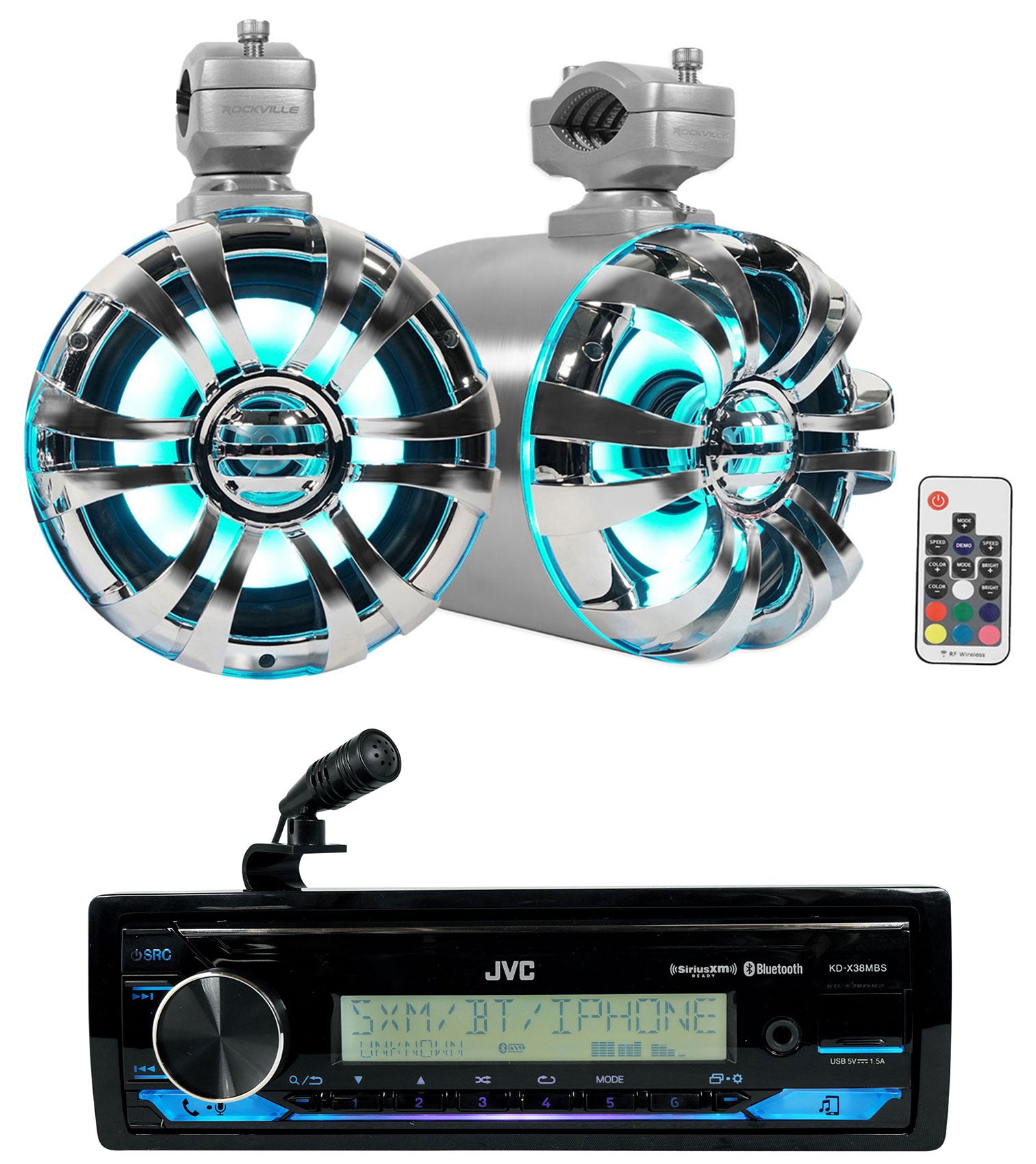 JVC KD-X38MBS Marine Stereo Receiver w/Bluetooth+(2) 6.5" LED Tower Speakers