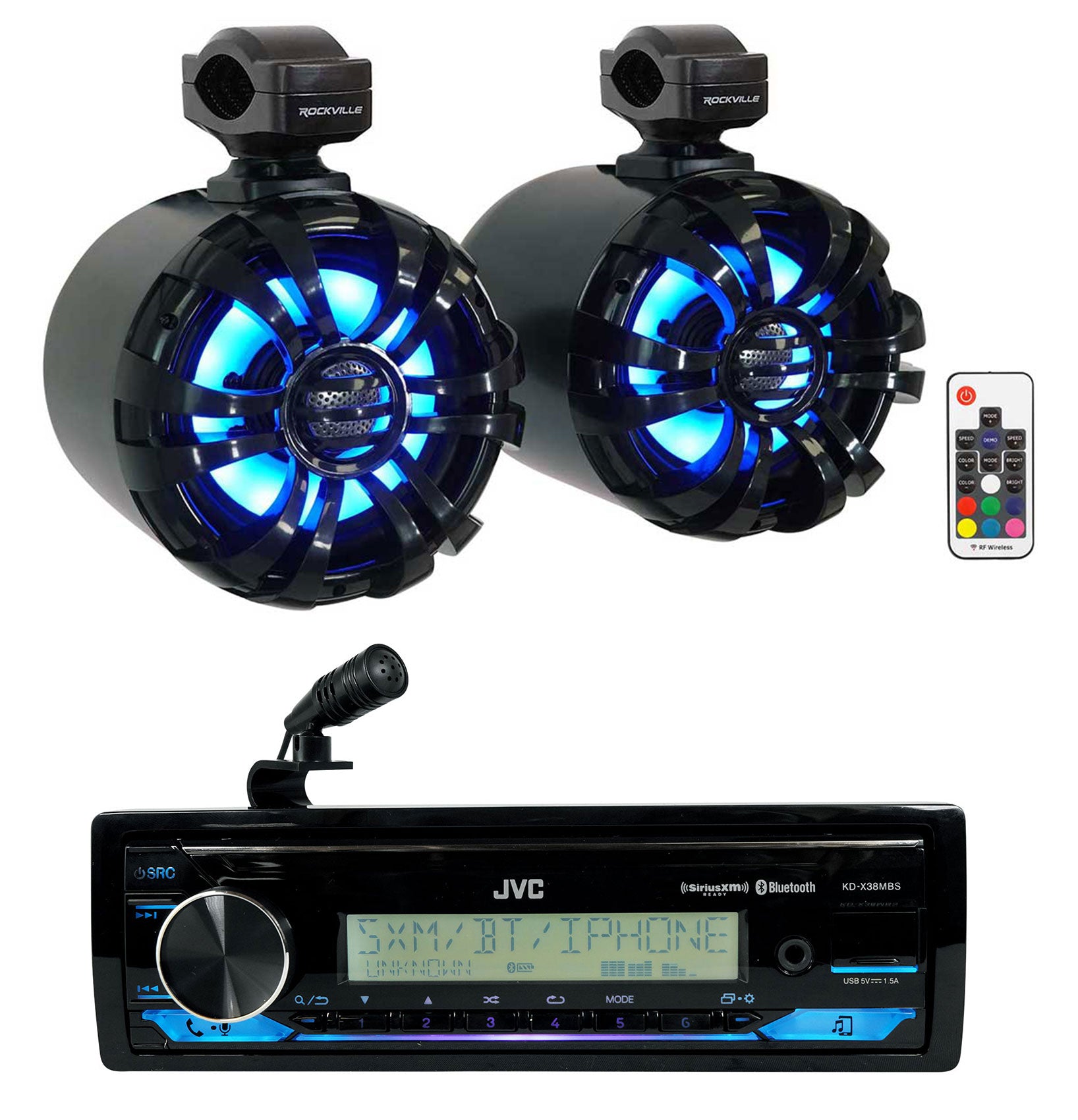 JVC KD-X38MBS Marine Bluetooth Stereo Receiver+(2) 6.5" Black LED Tower Speakers
