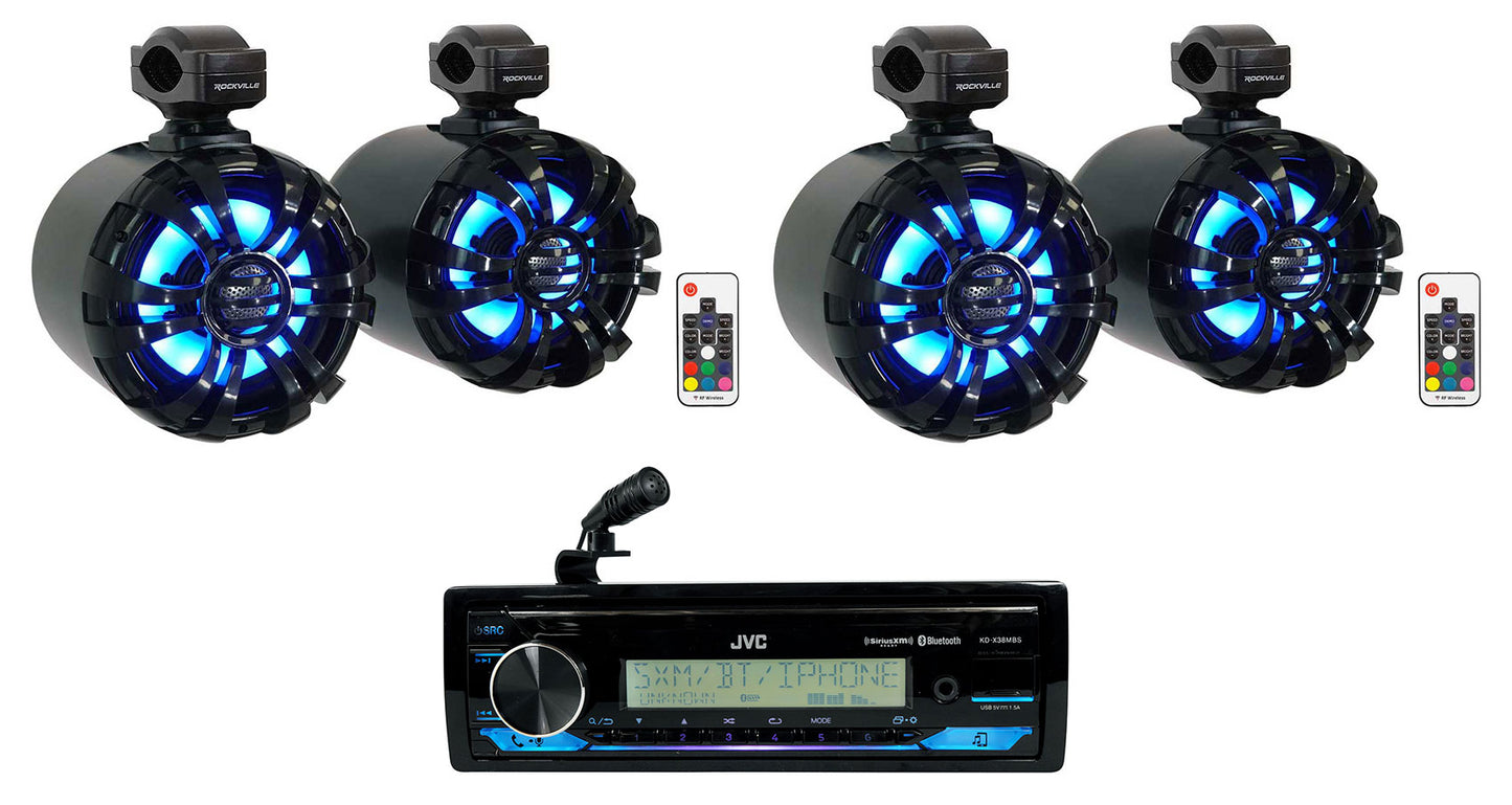 JVC KD-X38MBS Marine Bluetooth Stereo Receiver+(4) 6.5" Black LED Tower Speakers