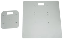 Two metallic mounting plates with holes on a white background