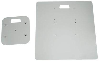 Two metallic mounting plates with holes on a white background