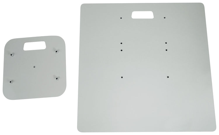 Two metallic mounting plates with holes on a white background