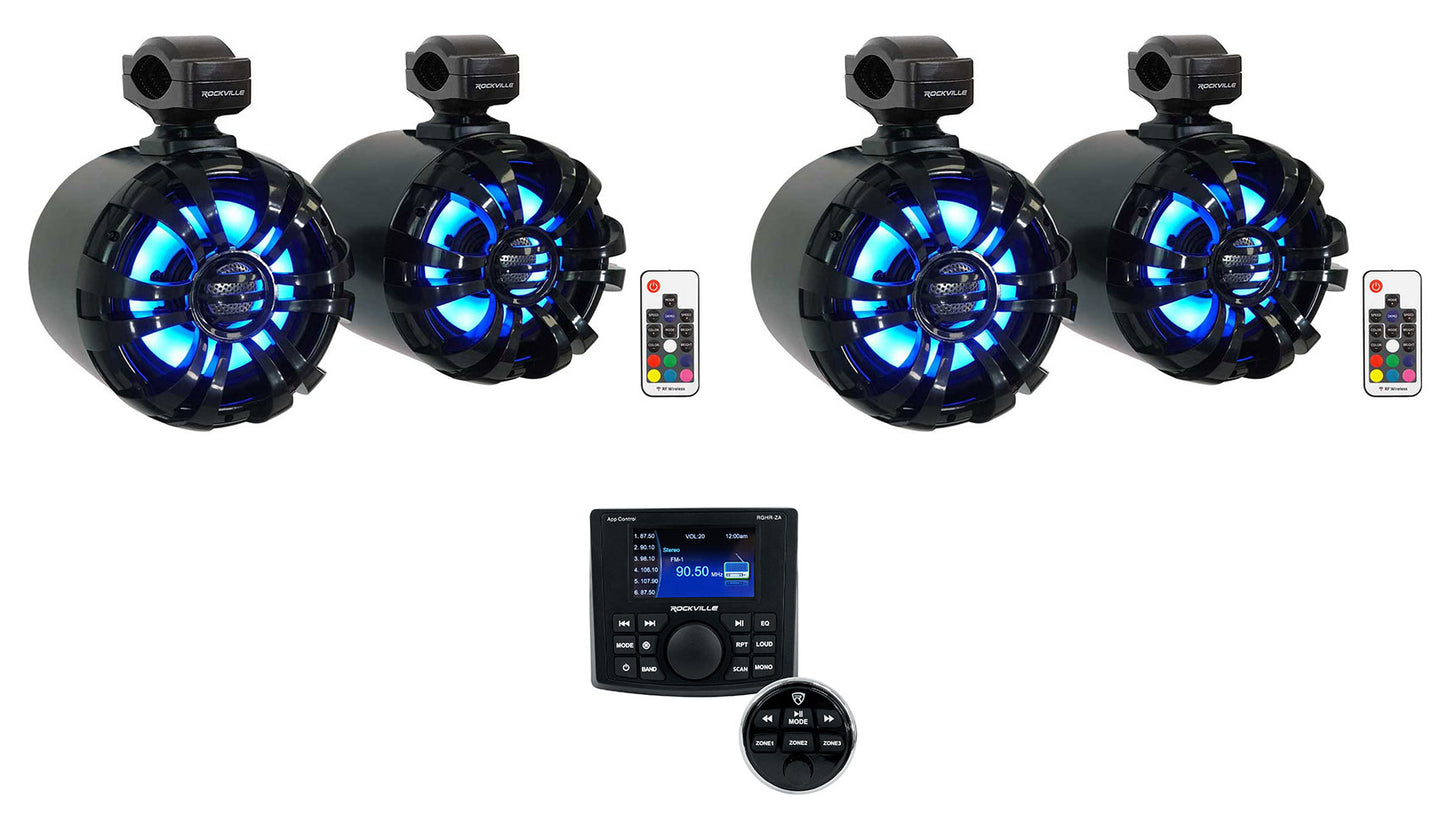 4 Zone Marine Receiver + 6.5" Black LED Wakeboard Speakers 4-Pack Bundle