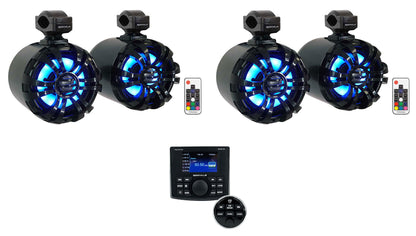 4 Zone Marine Receiver + 6.5" Black LED Wakeboard Speakers 4-Pack Bundle