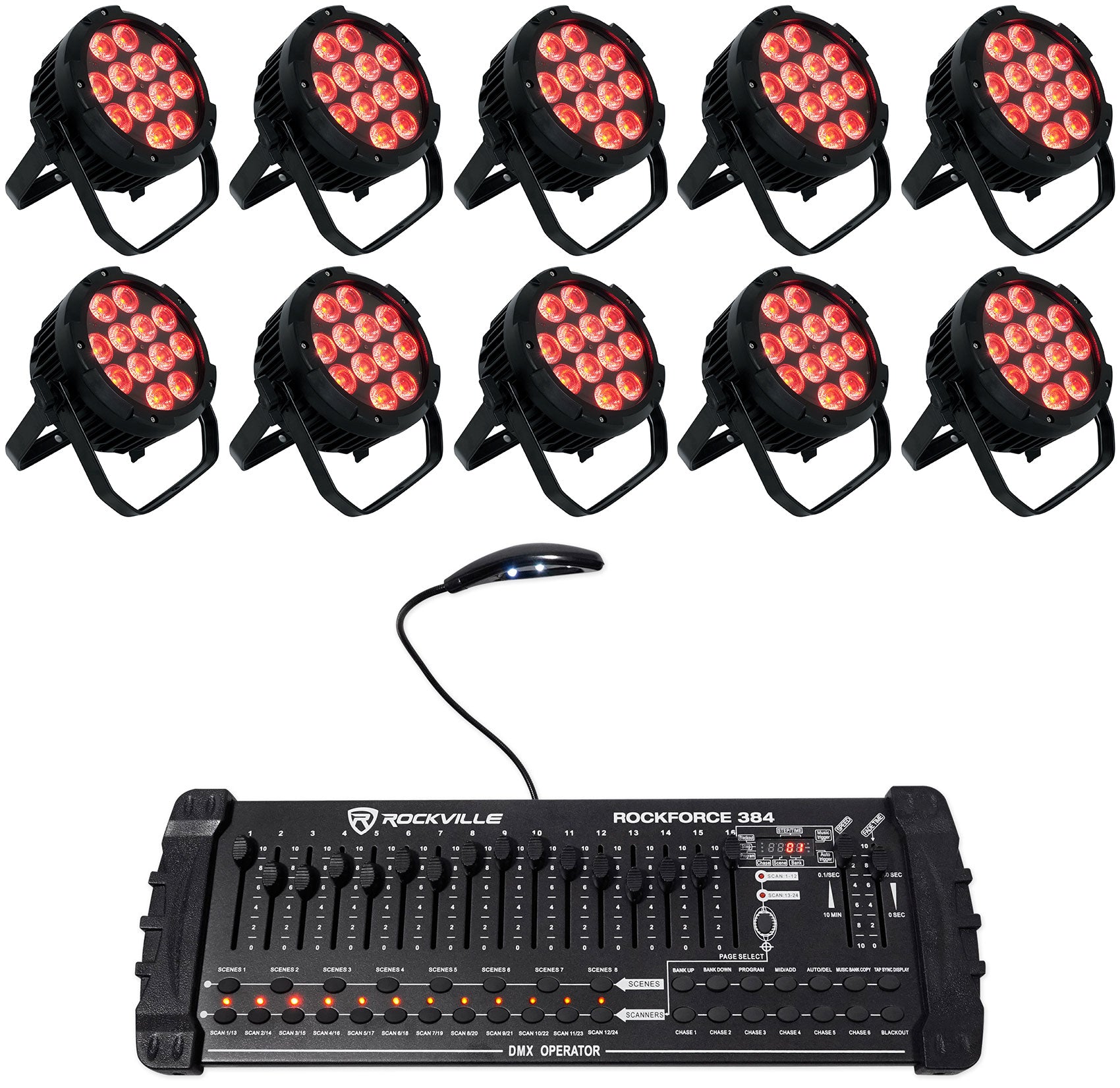 WET PAR PRO Black 10-Pack + ROCKFORCE 384 DMX Controller Bundle