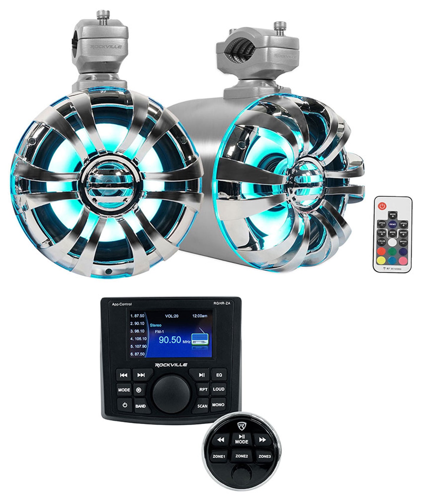 4 Zone Marine Receiver + 6.5" LED Wakeboard Speakers 2-Pack Bundle