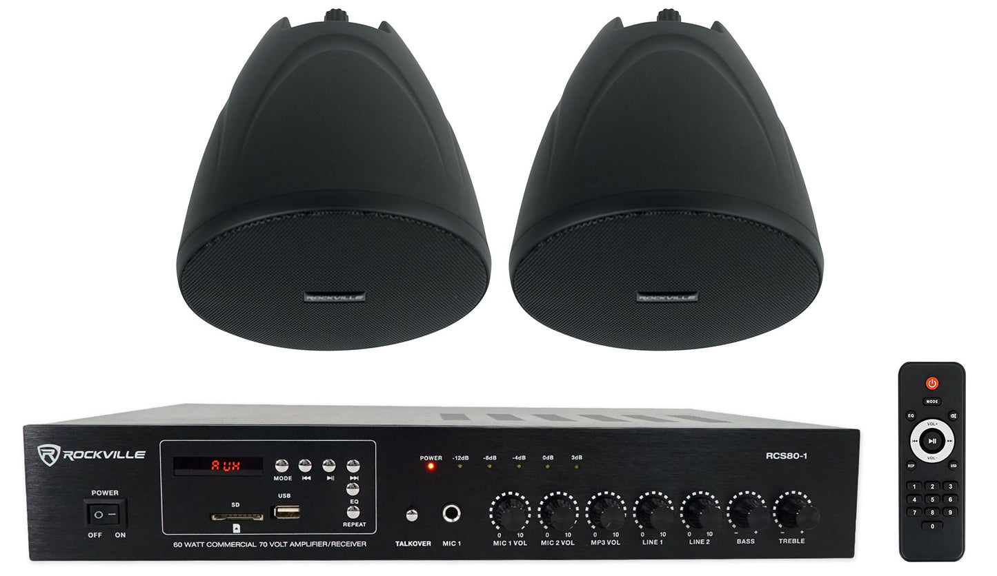 RCS80-1 60W Amp 2-Pack + PEN-40T Black Pendant Speakers Bundle