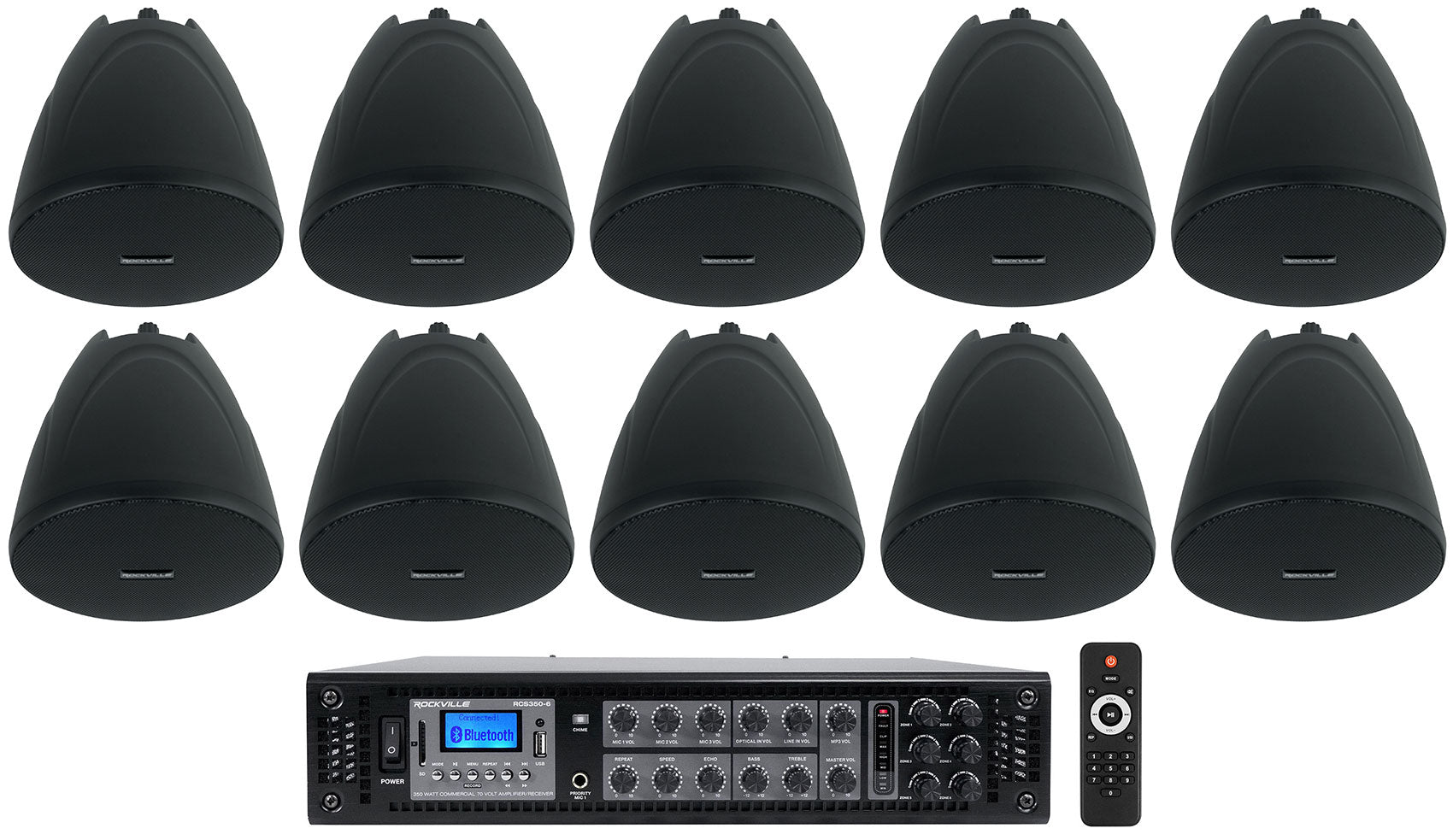 RCS350-6 6-Zone 350W Amp + PEN-40T Black 4" Pendant 10-Pack Bundle