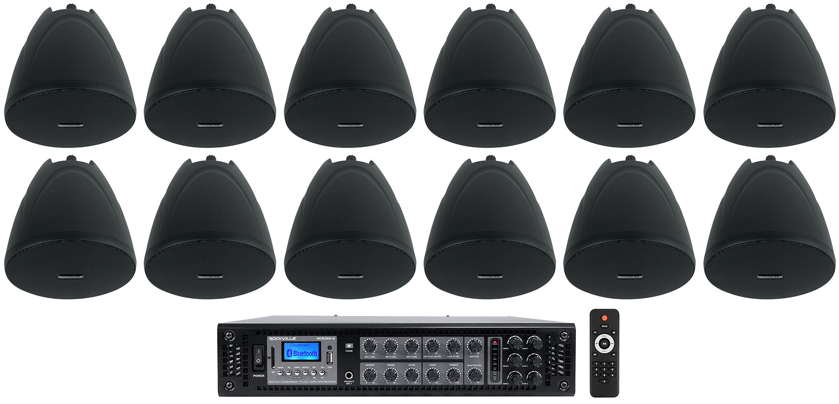 RCS350-6 6-Zone 350W Amp + PEN-40T Black 4" Pendant 12-Pack Bundle