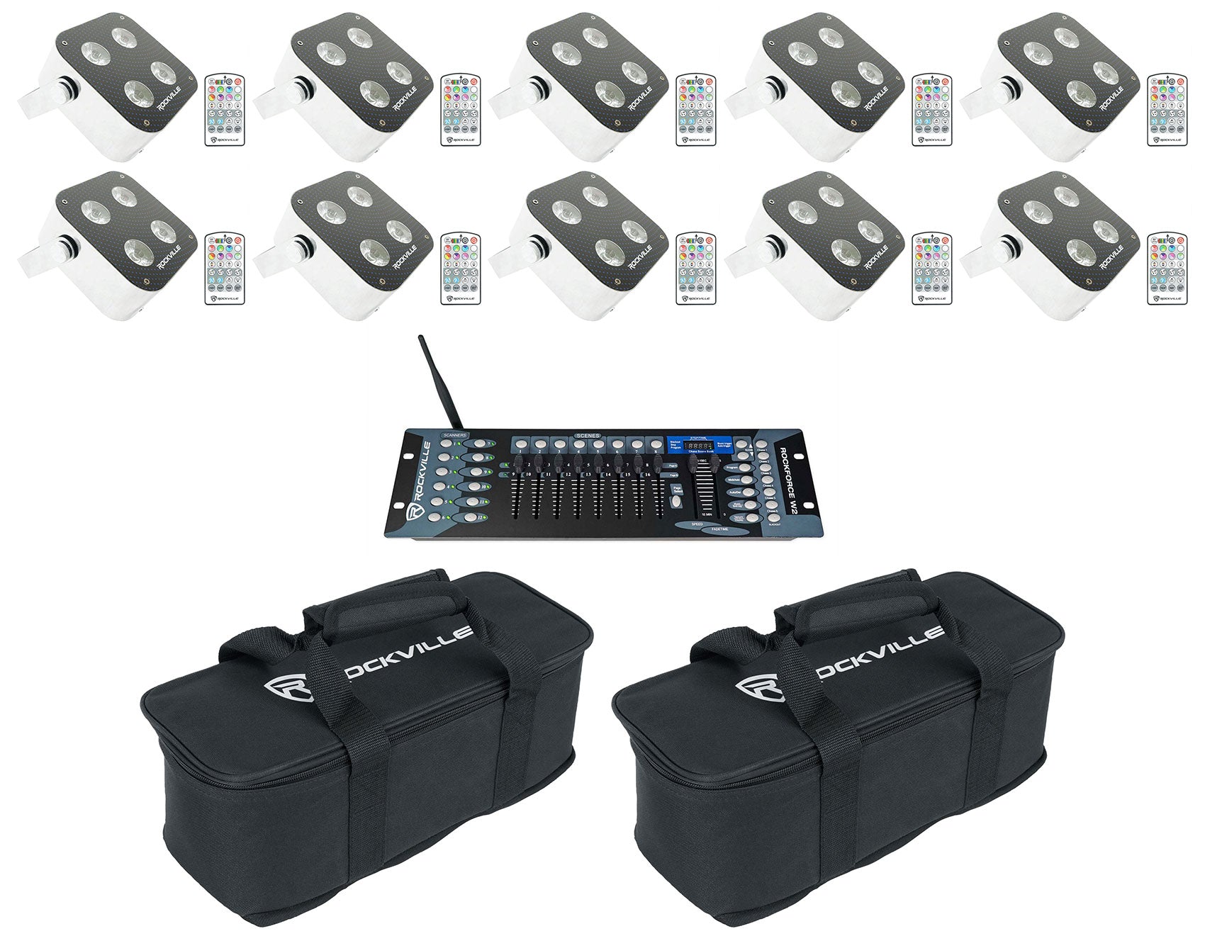 MINI RF4 RGBWA+UV 10-Pack + ROCKFORCE W2 DMX Controller Bundle