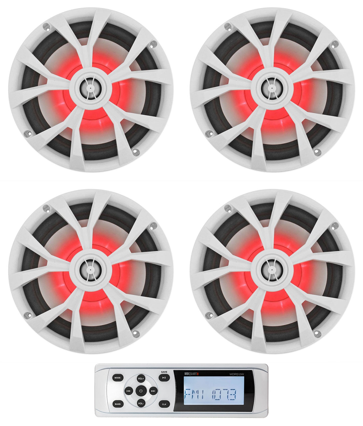 MB QUART MDR2.0W Marine Boat AM/FM Receiver w/Bluetooth+4) Rockville 8" Speakers