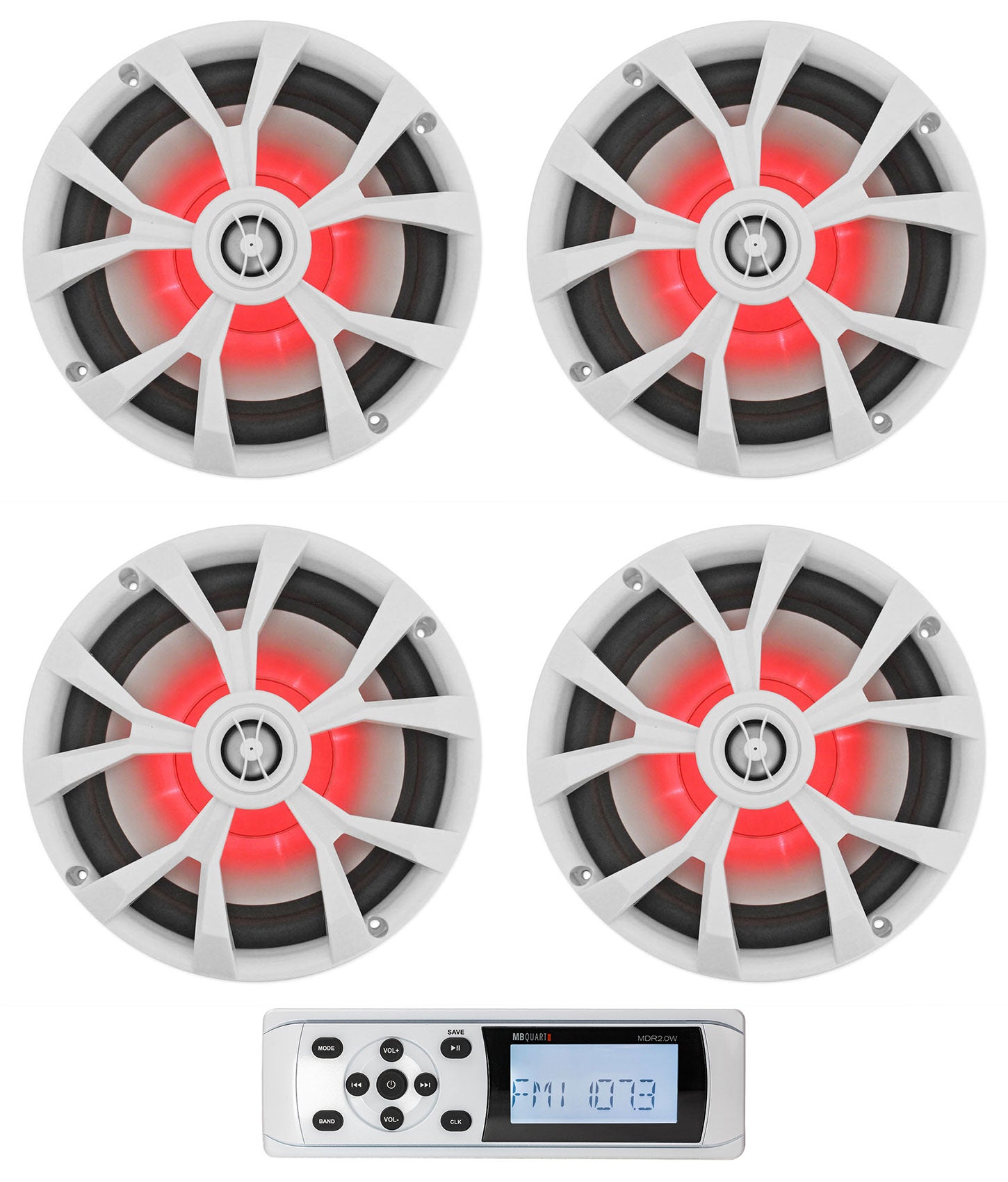 MB QUART MDR2.0W Marine Boat AM/FM Receiver w/Bluetooth+4) Rockville 8" Speakers