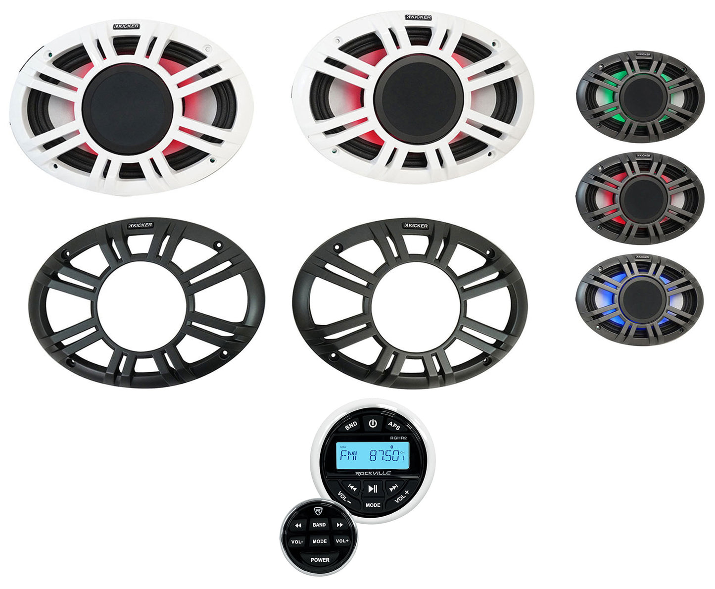 (2) KICKER 48KMXL694 300w 6x9" Marine Boat Speakers+Bluetooth Gauge Receiver