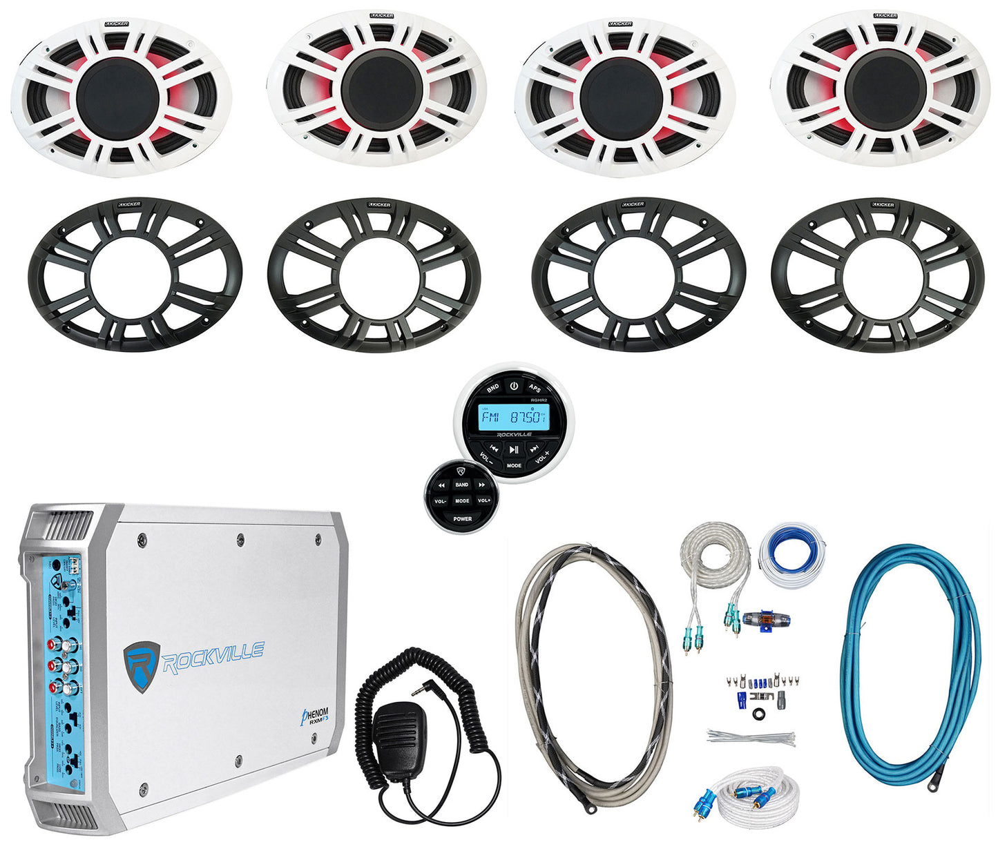 (4) KICKER 48KMXL694 300w 6x9" Marine Speakers w/LED+Receiver+Amplifier KMXL69