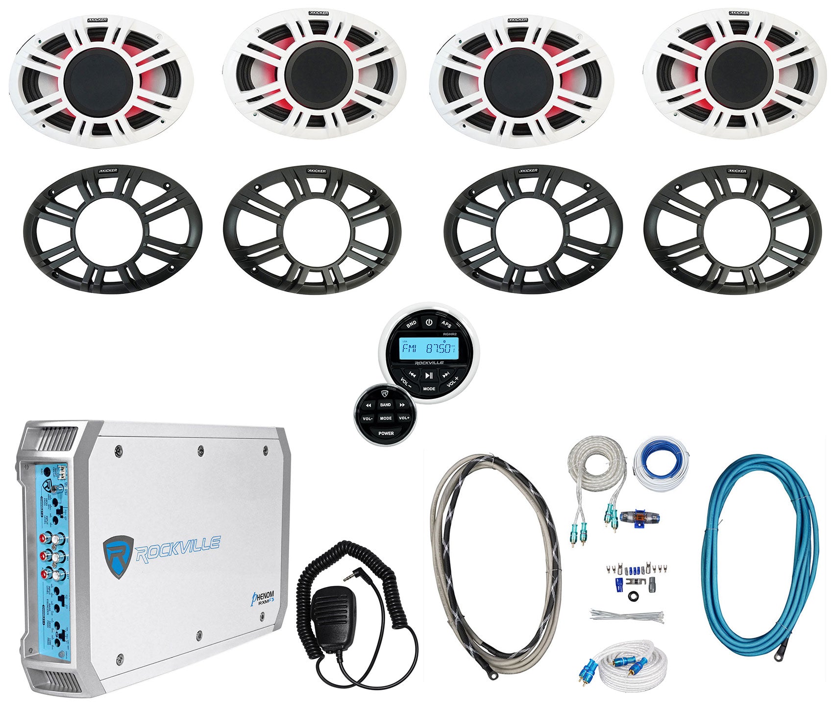 (4) KICKER 48KMXL694 300w 6x9" Marine Speakers w/LED+Receiver+Amplifier KMXL69