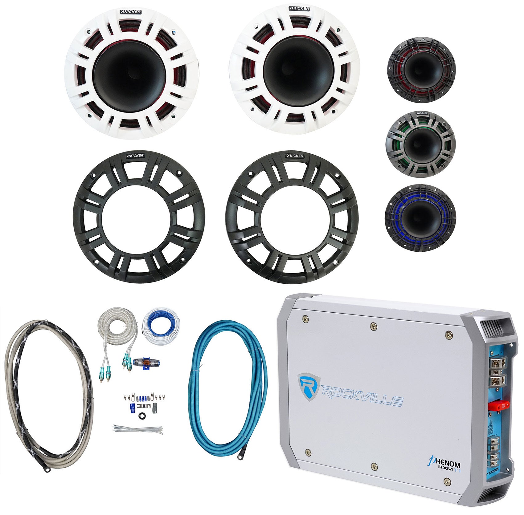 (2) KICKER 48KMXL654 300w 6.5" Marine Boat Speakers+2-Channel Amplifier+Amp Kit