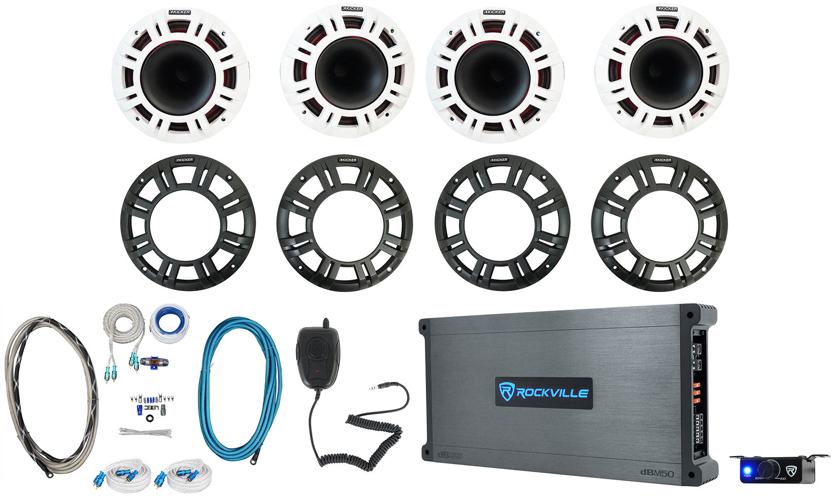 4) KICKER 48KMXL654 300w 6.5" Marine Speakers w/LED+5-Ch. Amplifier+Wires KMXL65