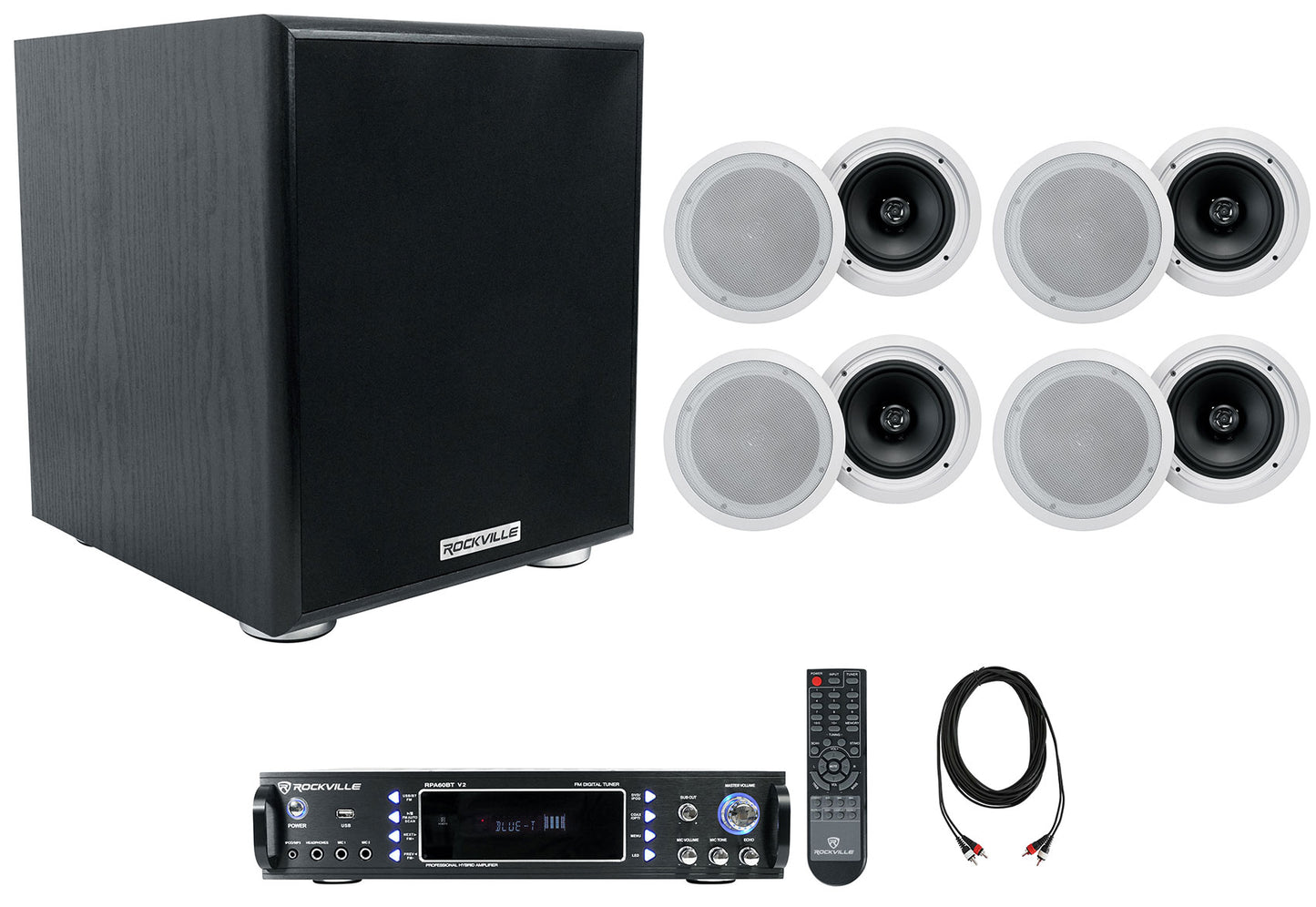 RPA60BT Receiver + HC85-16 White 8" Speakers 4-Pair + Rock Shaker 6.5 Sub Bundle
