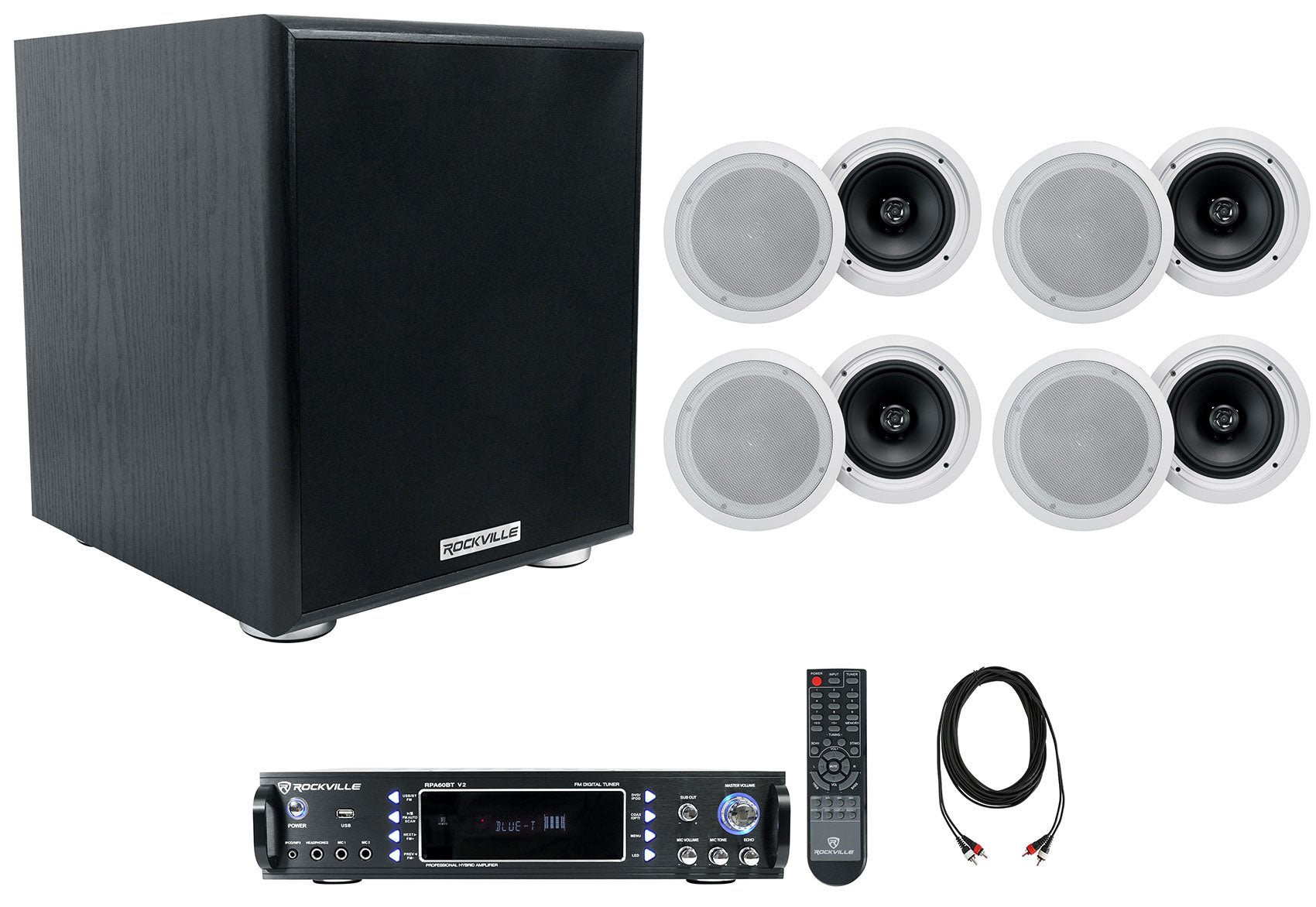 RPA60BT Receiver + HC85-16 White 8" Speakers 4-Pair + Rock Shaker 6.5 Sub Bundle