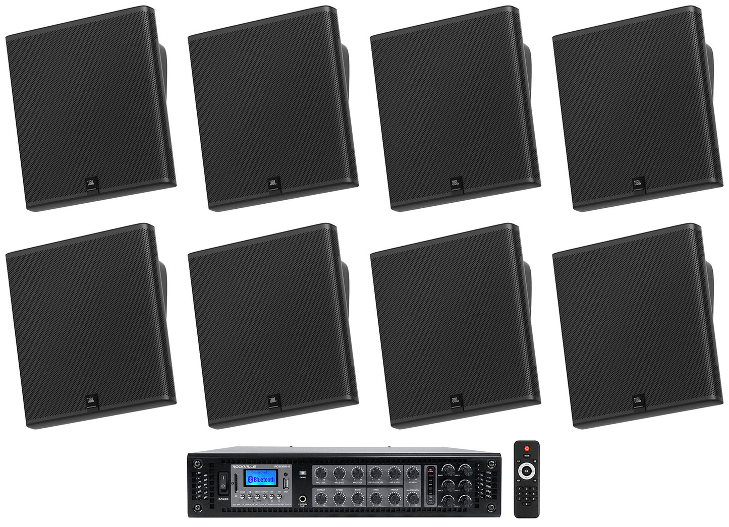 8) JBL SLP14/T-BK Sleek Low-Profile On Wall Mount 4" 70v Commercial Speakers+Amp