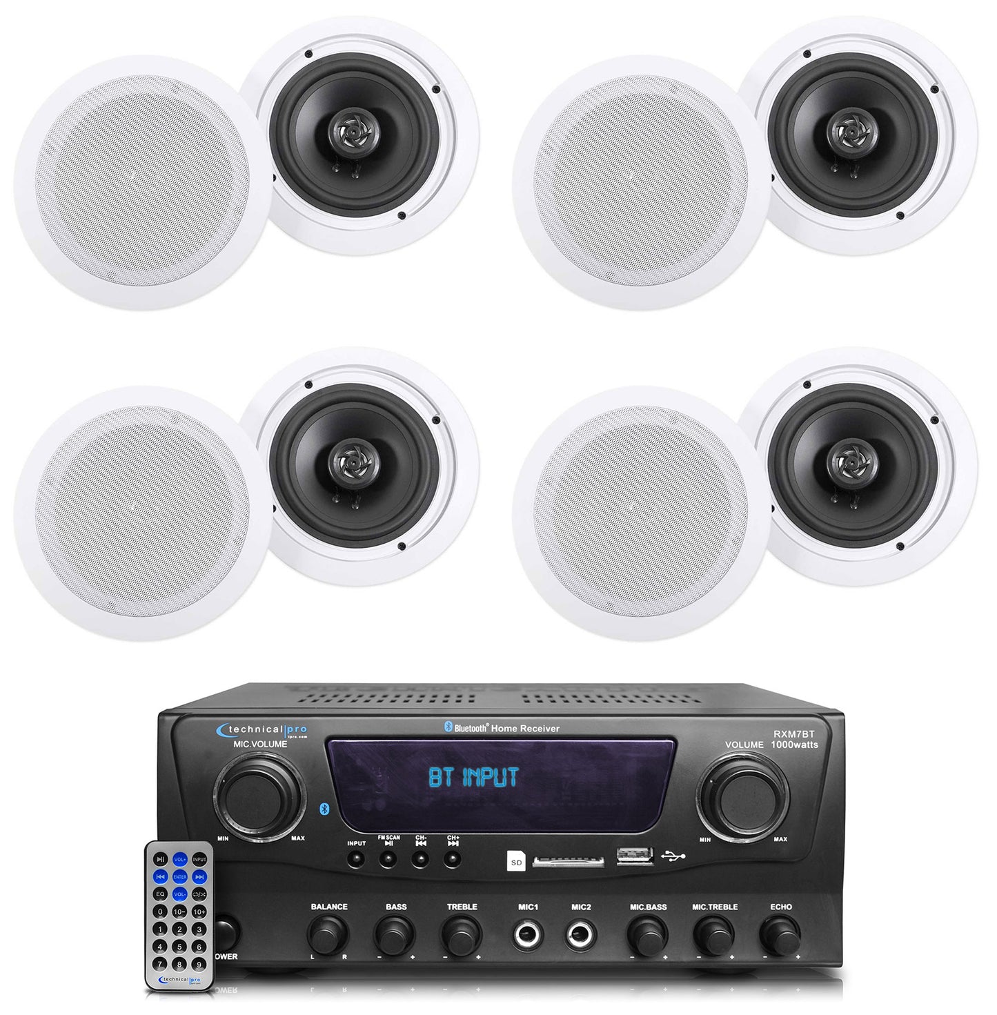 Technical Pro RXM7BT Home Receiver Bluetooth Amplifier+(8) 6.5" Celing Speakers