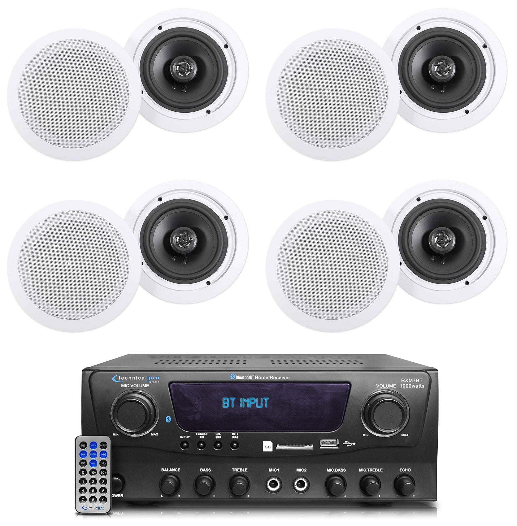 Technical Pro RXM7BT Home Receiver Bluetooth Amplifier+(8) 6.5" Celing Speakers