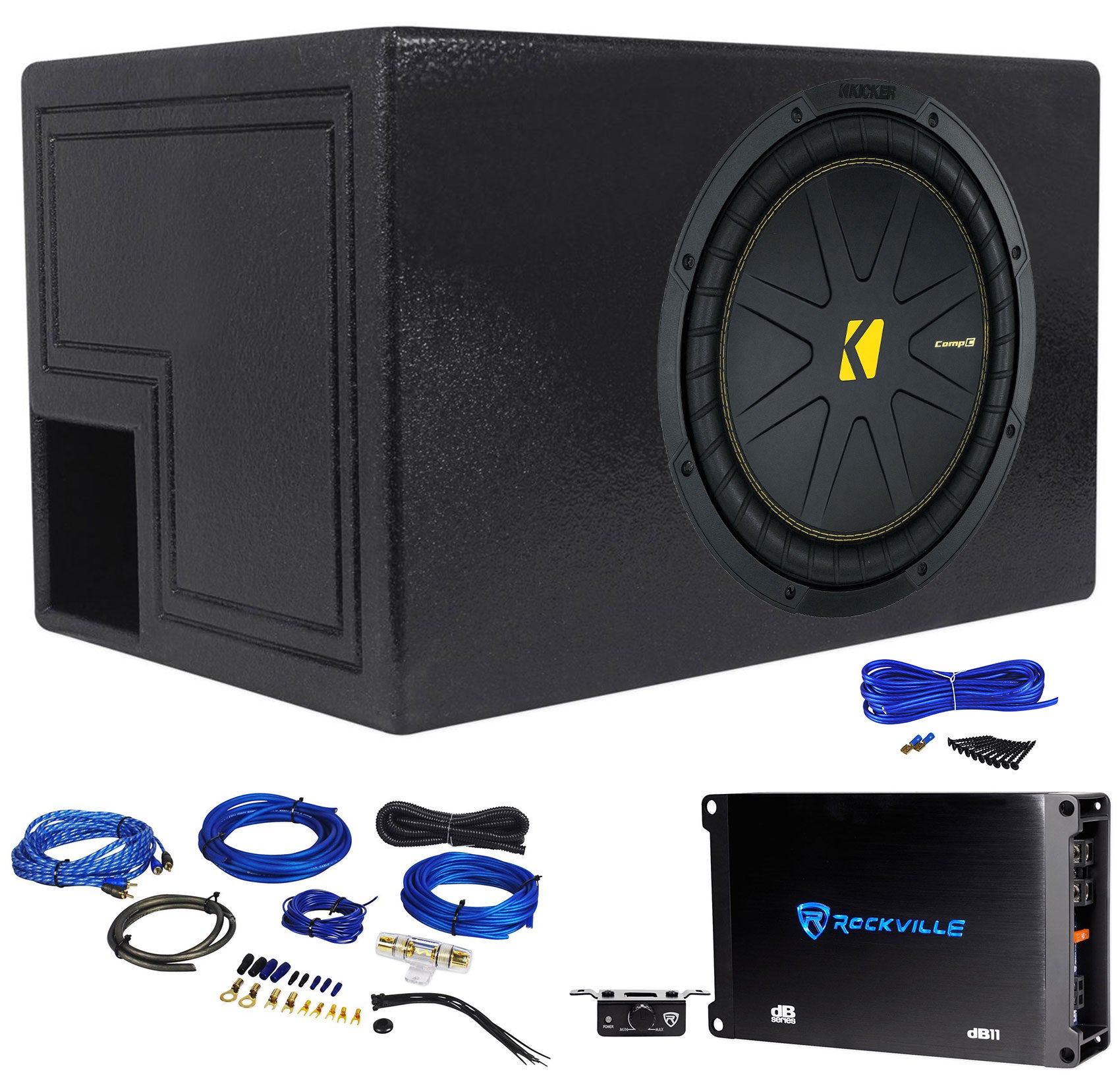 Kicker 50CWCD124 CompC 12" Subwoofer+Vented Box+Mono Amplifier+Amp Kit CWCD124