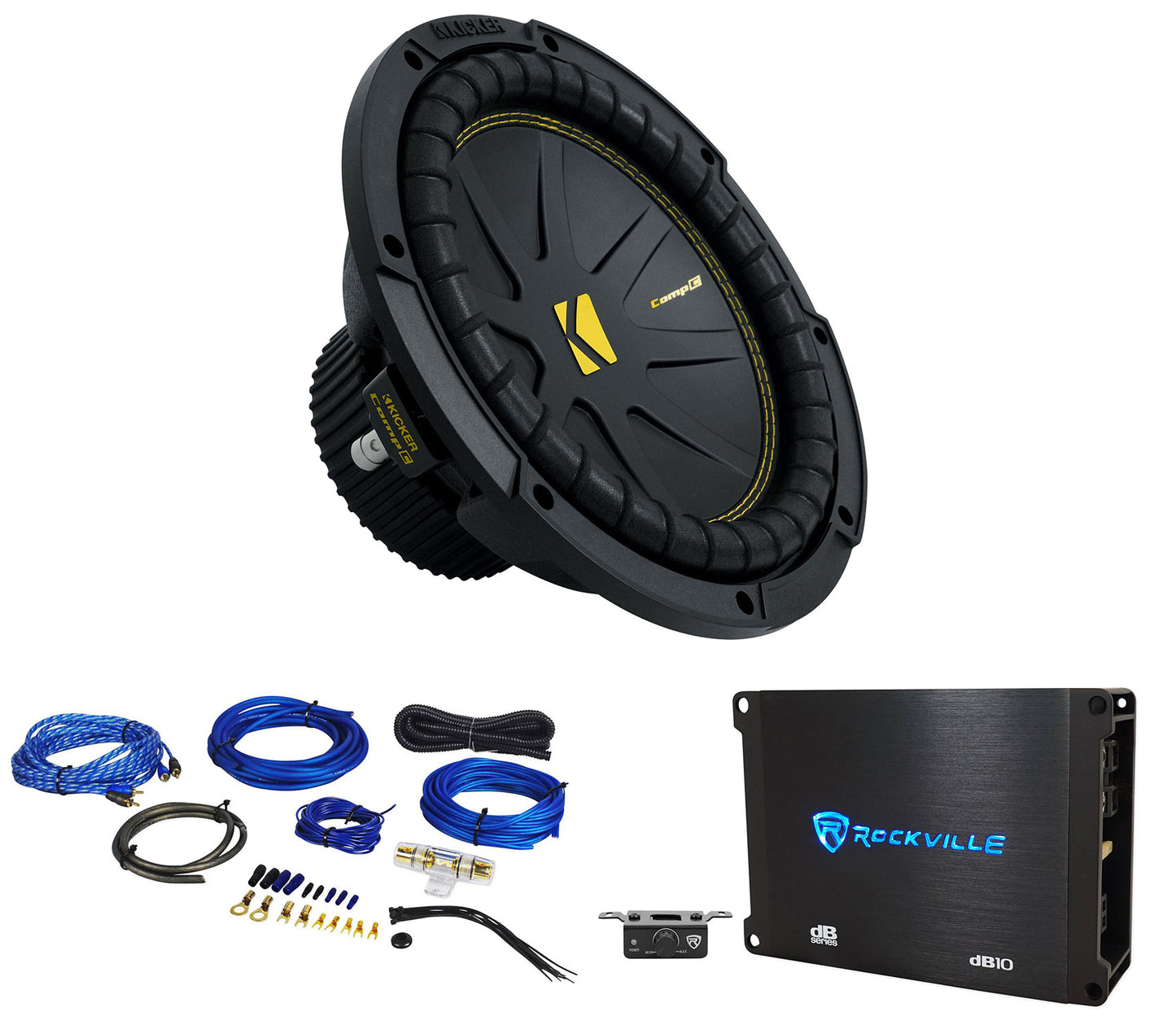 Kicker 50CWCS104 CompC 10" SVC 4 ohm Subwoofer+Mono Amplifier+Amp Kit CWCS104