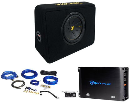 Kicker 50TCWC102 10" Subwoofer+Slim Shallow Sub Box+Amplifier+Amp Kit TCWC102