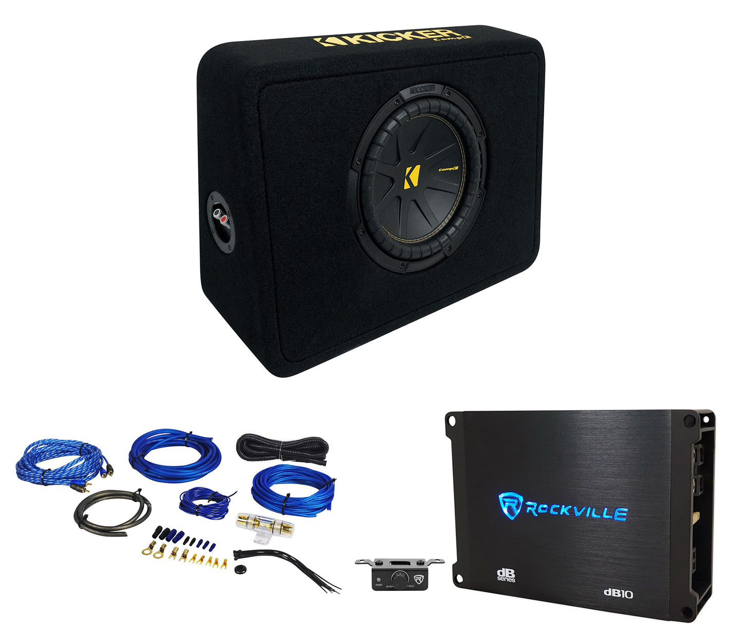 Kicker 50TCWC104 10" Subwoofer+Slim Shallow Sub Box+Mono Amplifier+Wires TCWC104