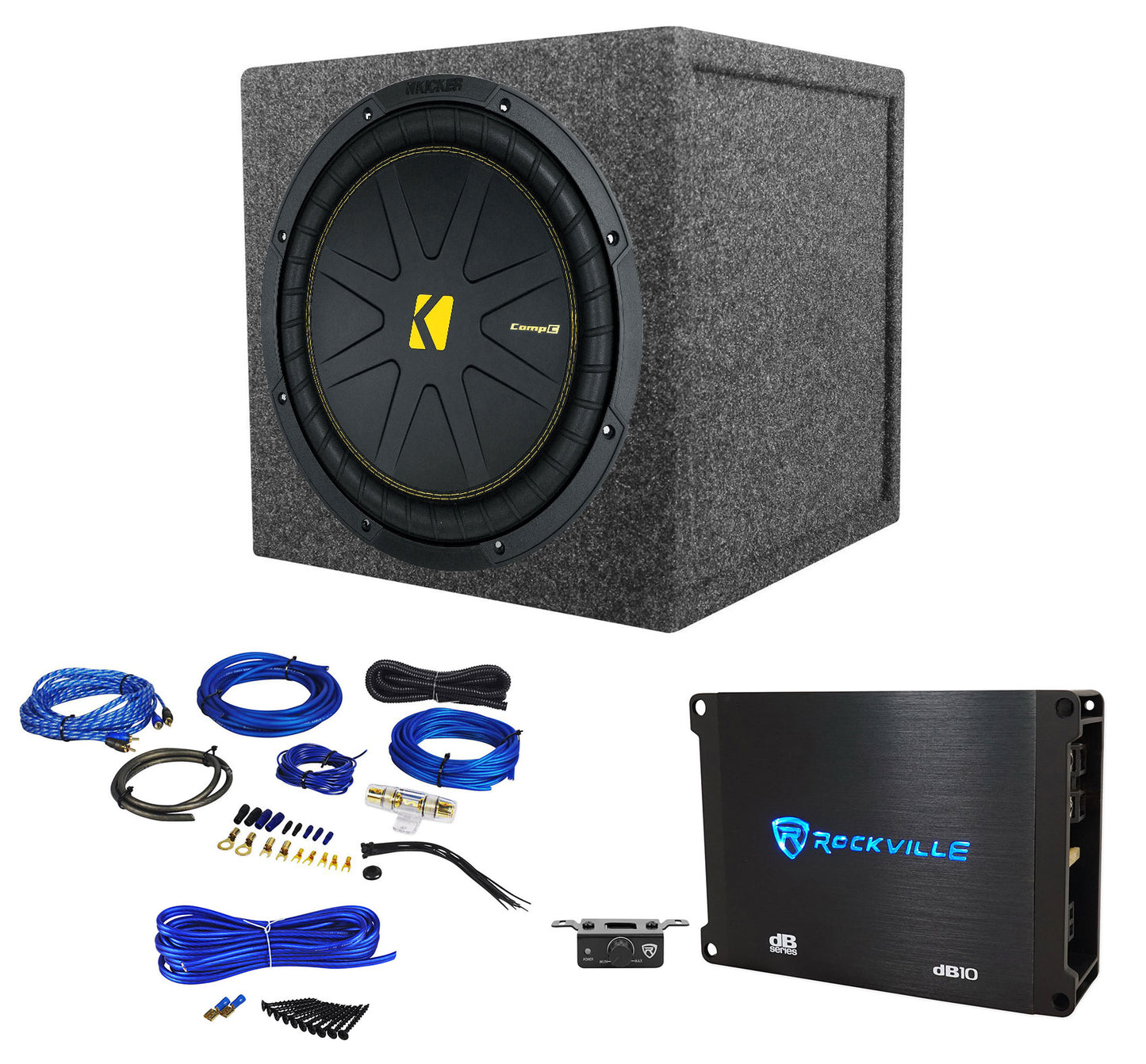 Kicker 50CWCS124 CompC 12" Subwoofer+Sealed Sub Box+Mono Amplifier+Wires CWCS124