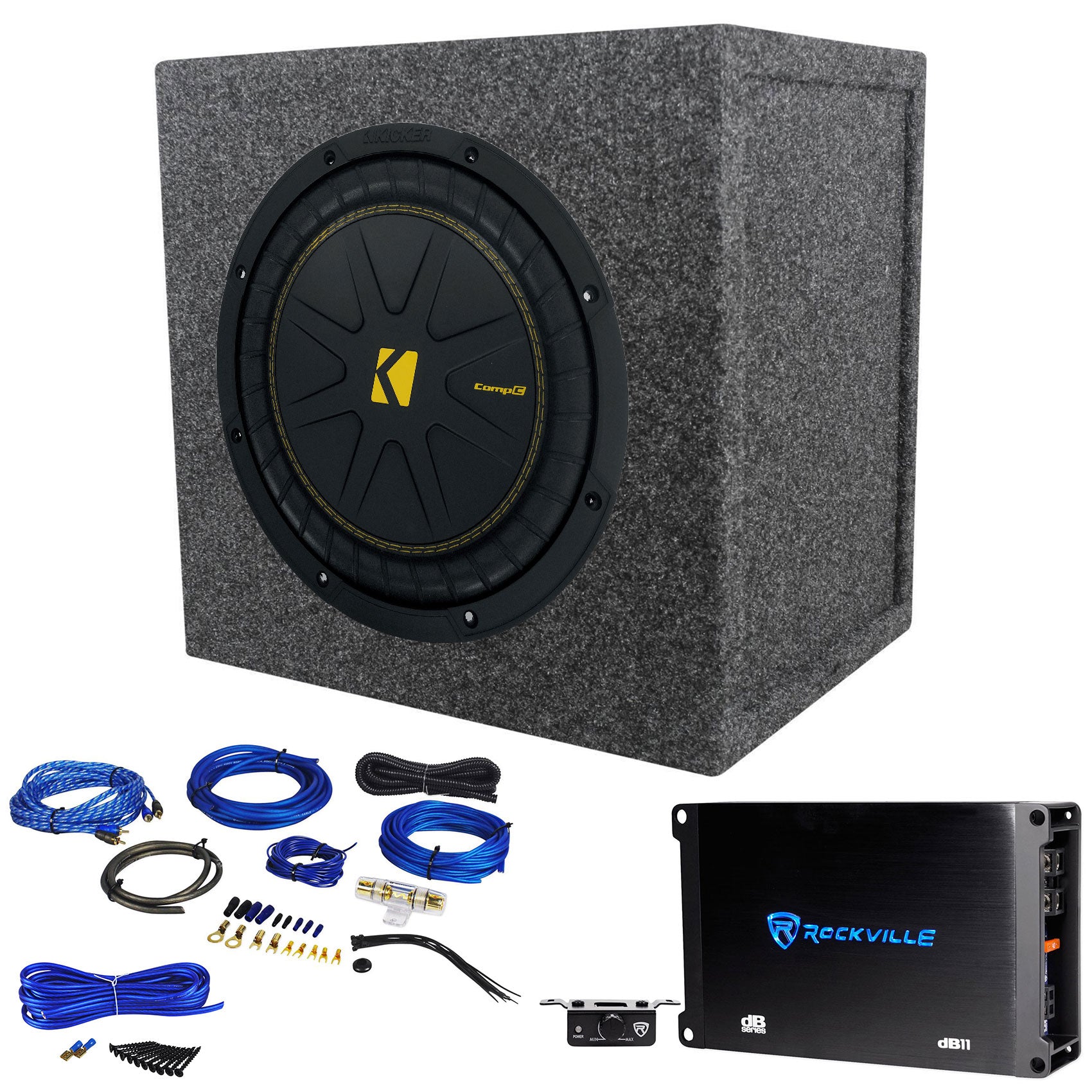 Kicker 50CWCD104 CompC 10" DVC Subwoofer+Sealed Box+Mono Amplifier+Wires CWCD104