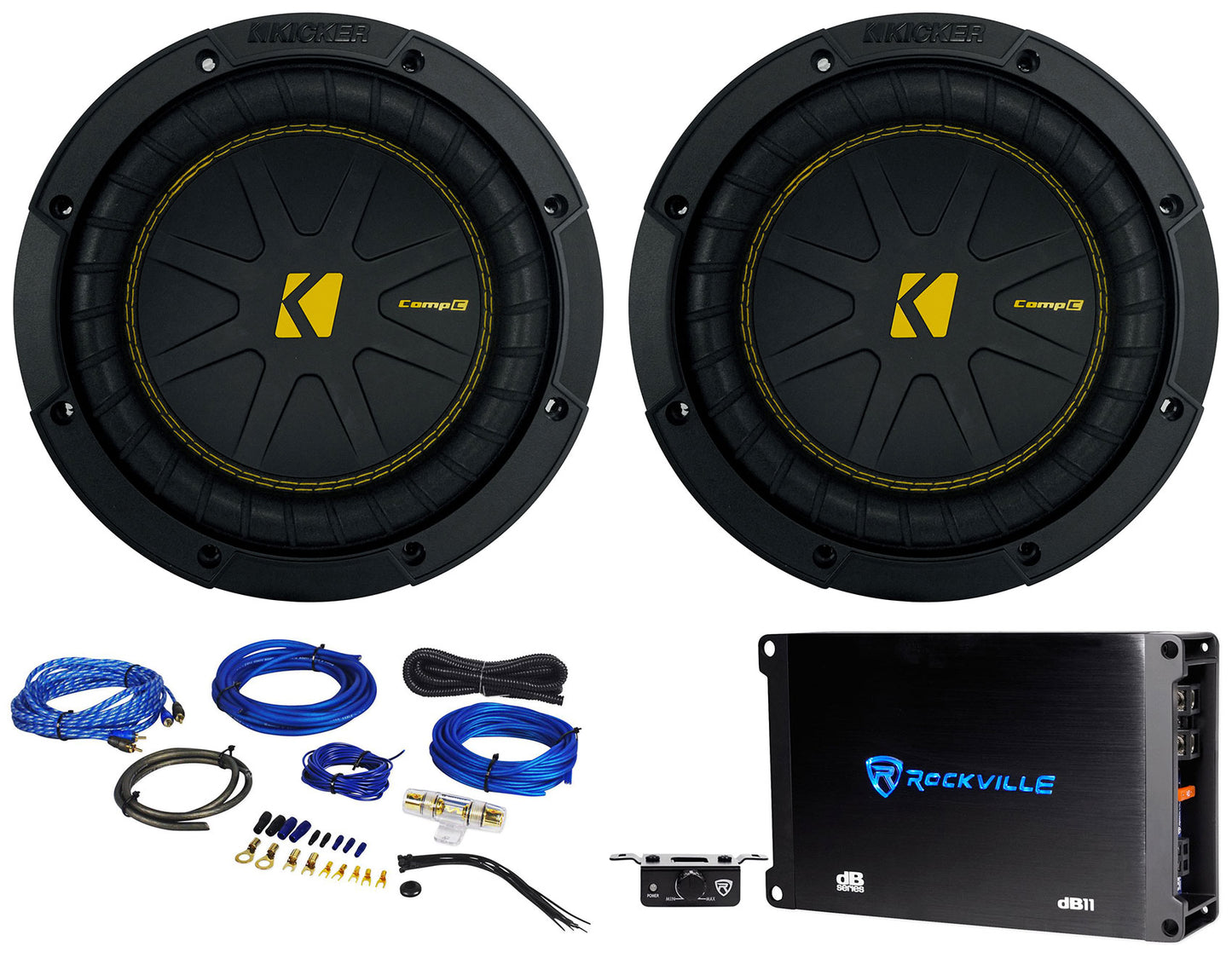 (2) Kicker 50CWCS84 CompC 8" SVC 4 ohm Subwoofers+Mono Amplifier+Amp Kit CWCS84
