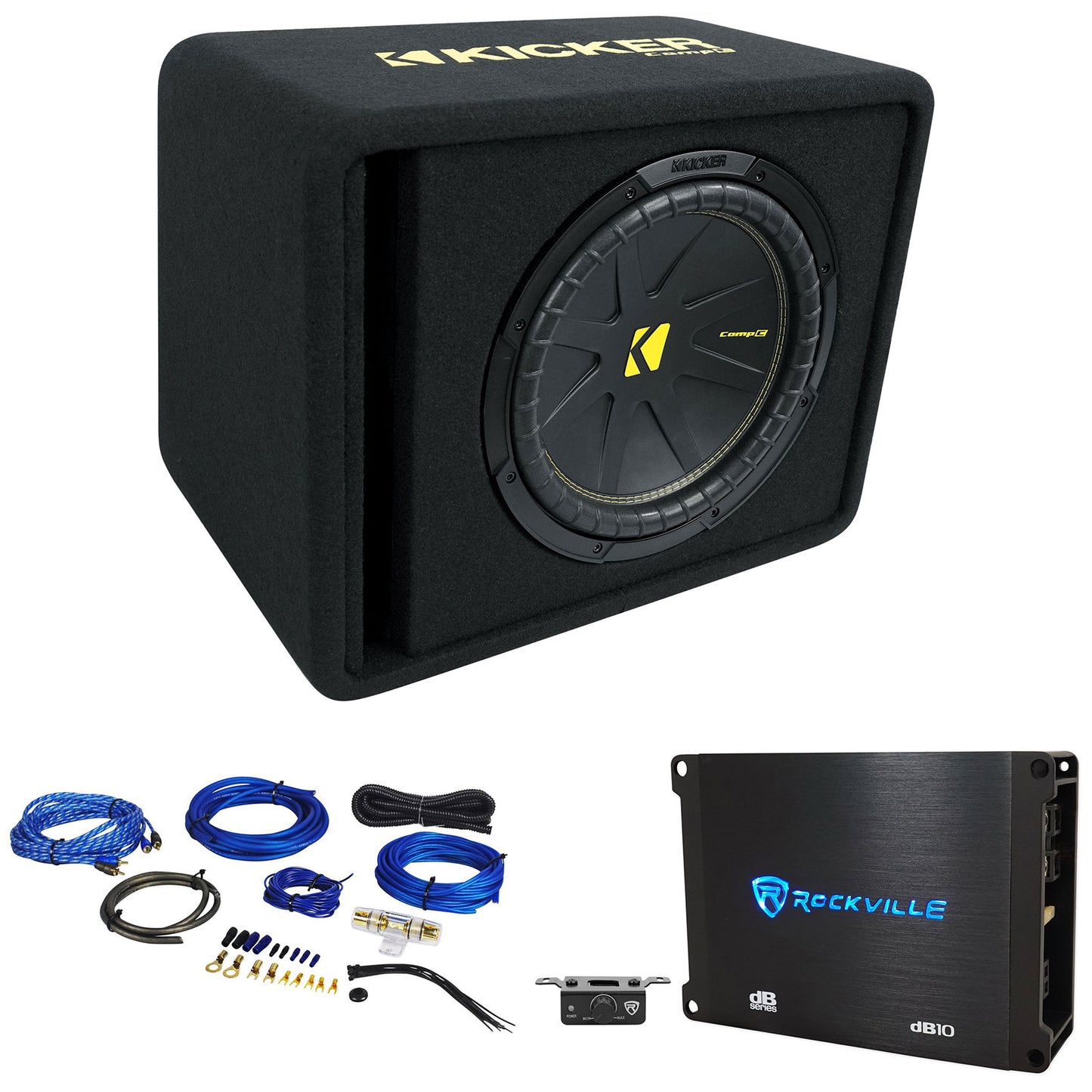 Kicker 50VCWC124 CompC 12" Subwoofer in Vented Sub Box+Amplifier+Amp Kit VCWC124