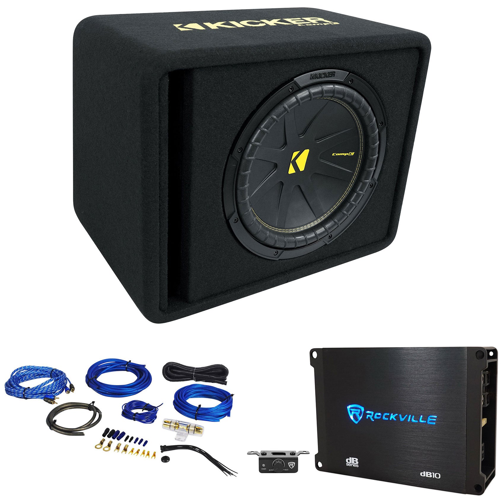 Kicker 50VCWC124 CompC 12" Subwoofer in Vented Sub Box+Amplifier+Amp Kit VCWC124