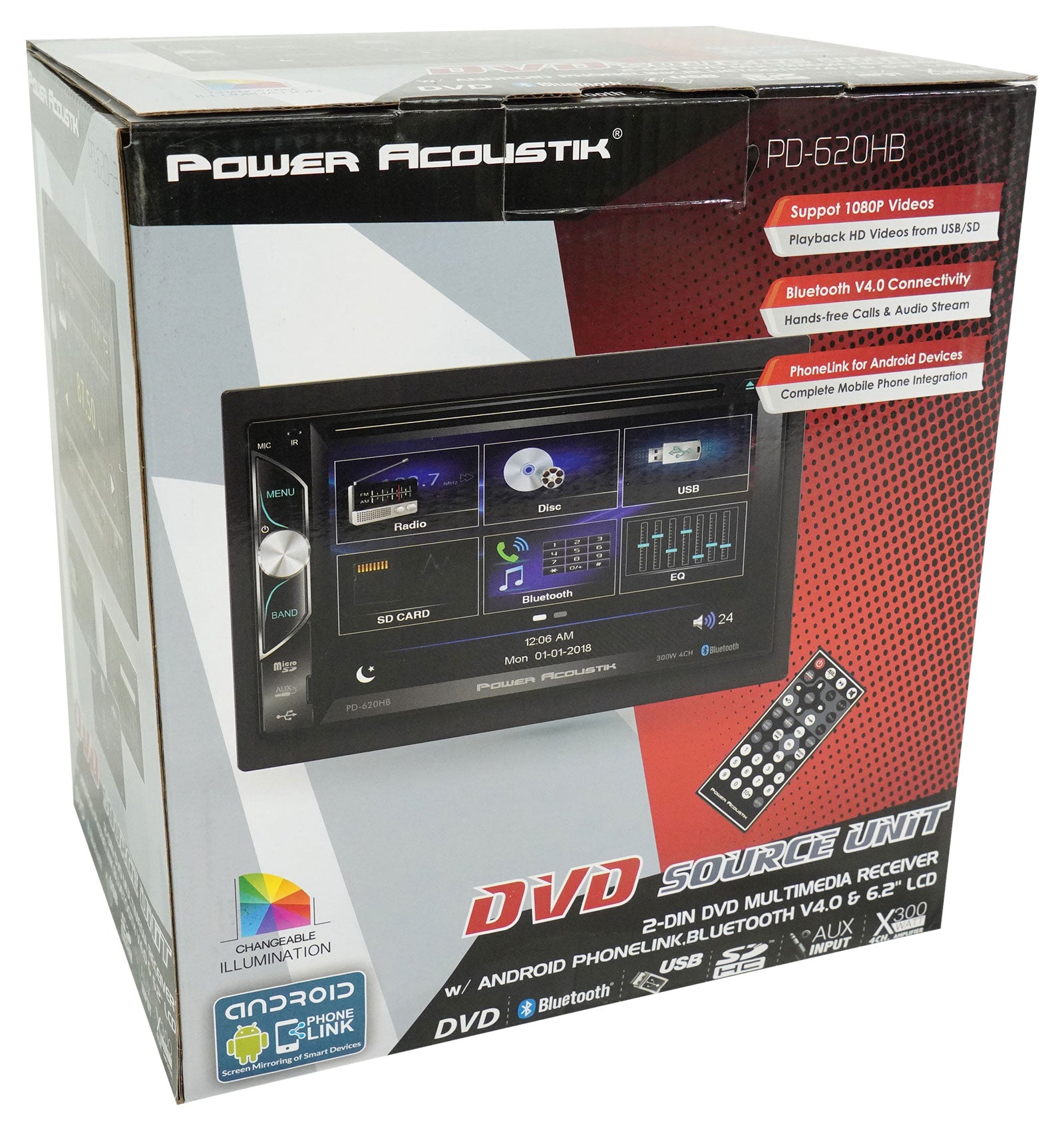 Power Acoustik PD-620HB 6.2” Car Monitor DVD/CD Receiver w/Bluetooth+Back-up Cam