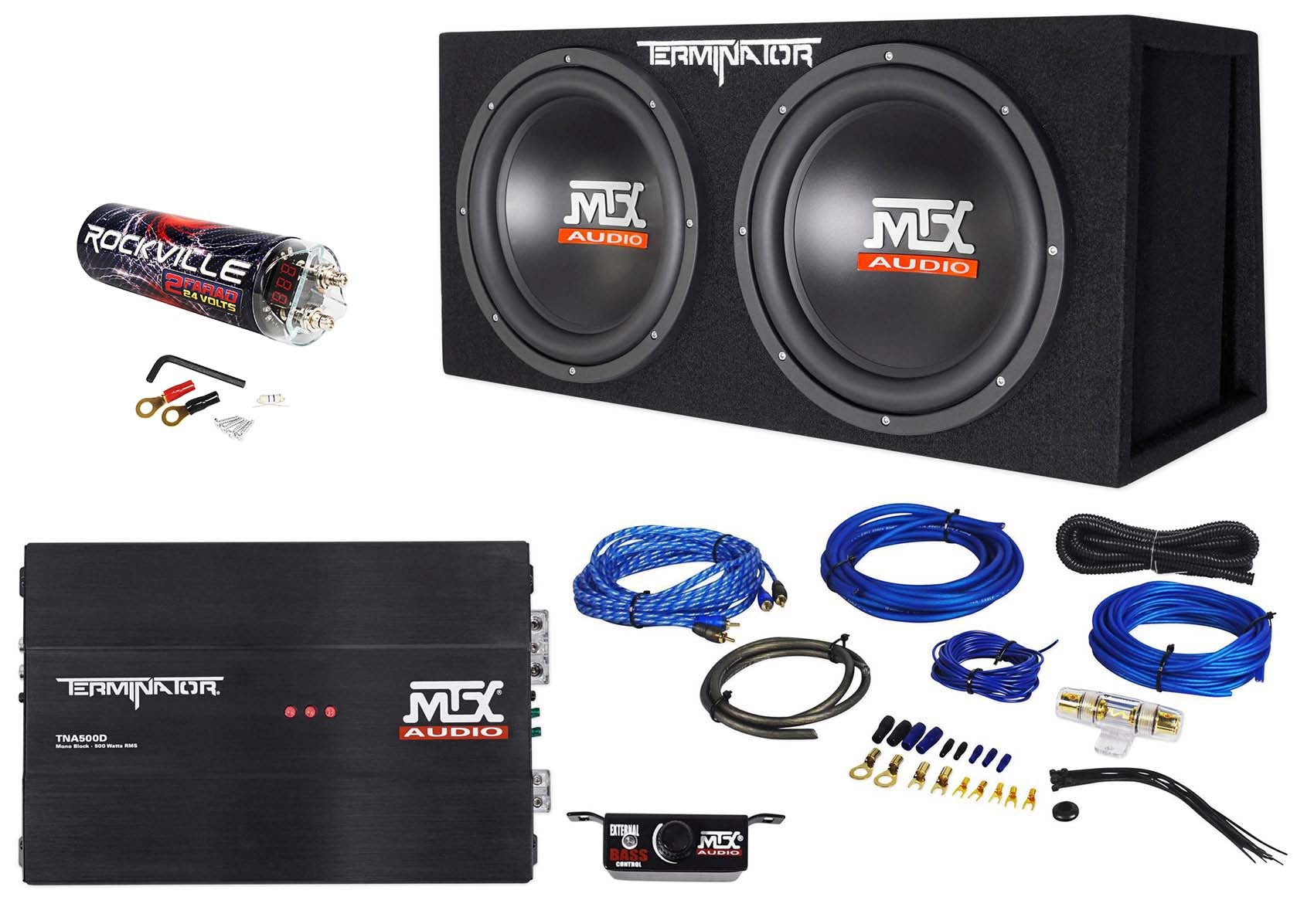 MTX Terminator TNP212DV Dual 12” Subwoofers+Enclosure+Amp+Kit+2) Farad Capacitor