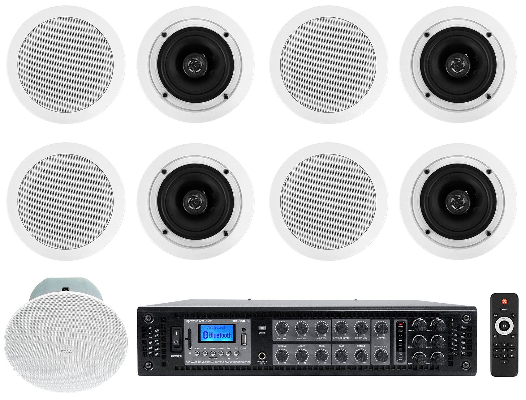 RCS350-6 6-Zone Amplifier + CC525T White 8-Pack + CC8-SUB Bundle