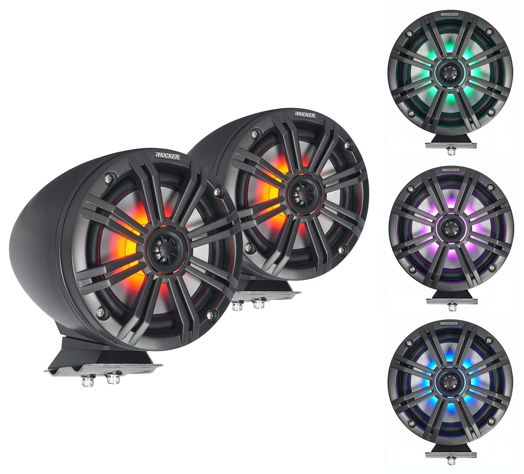 2) KICKER KMFC65 6.5" 195w Black Marine LED Surface Mount Speakers+Receiver+Amp