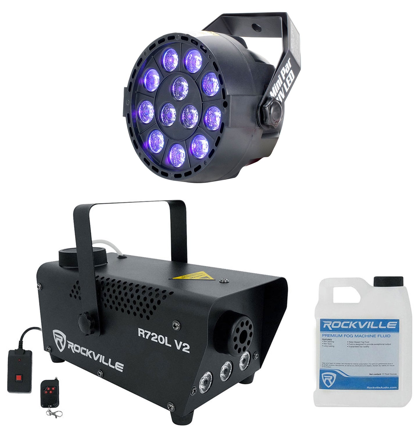 R720L V2 Fog Machine + Mini Par UV LED Bundle