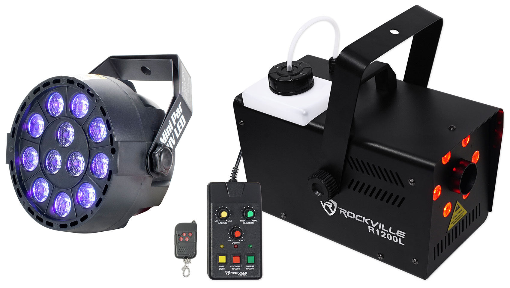 R1200L Fog Machine + Mini Par UV LED Bundle