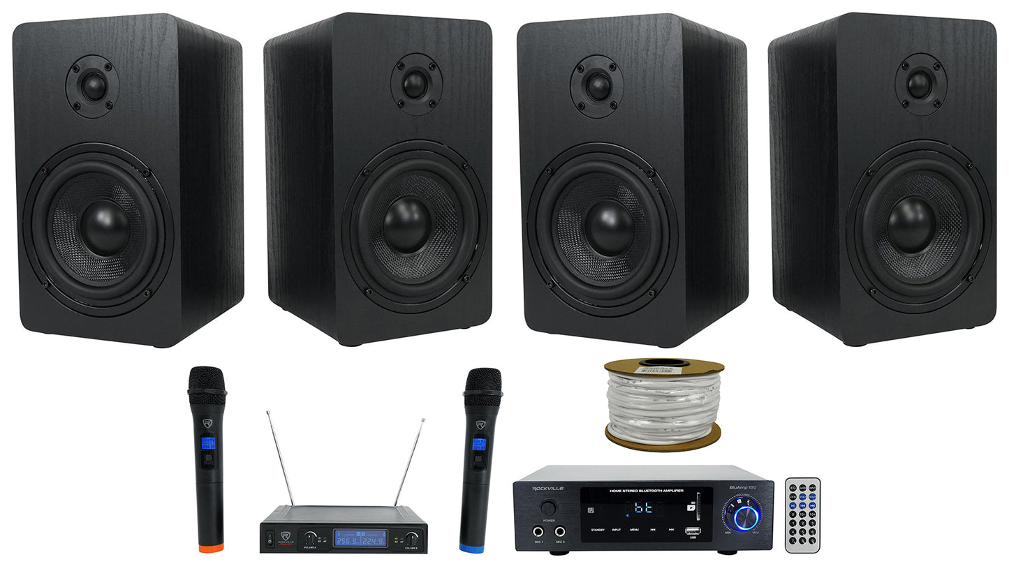 BLUAMP 150 + RockShelf 58B 5.25" Speakers 4-Pack + Wireless Mics Bundle