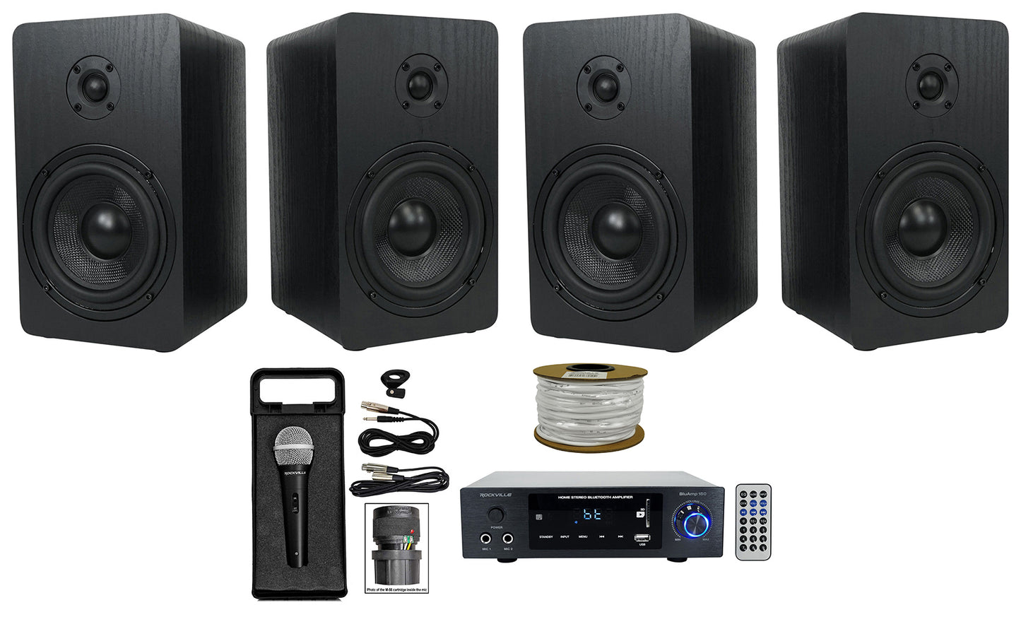 BLUAMP 150 + RockShelf 58B 5.25" Speakers 4-Pack + Wired Mic Bundle