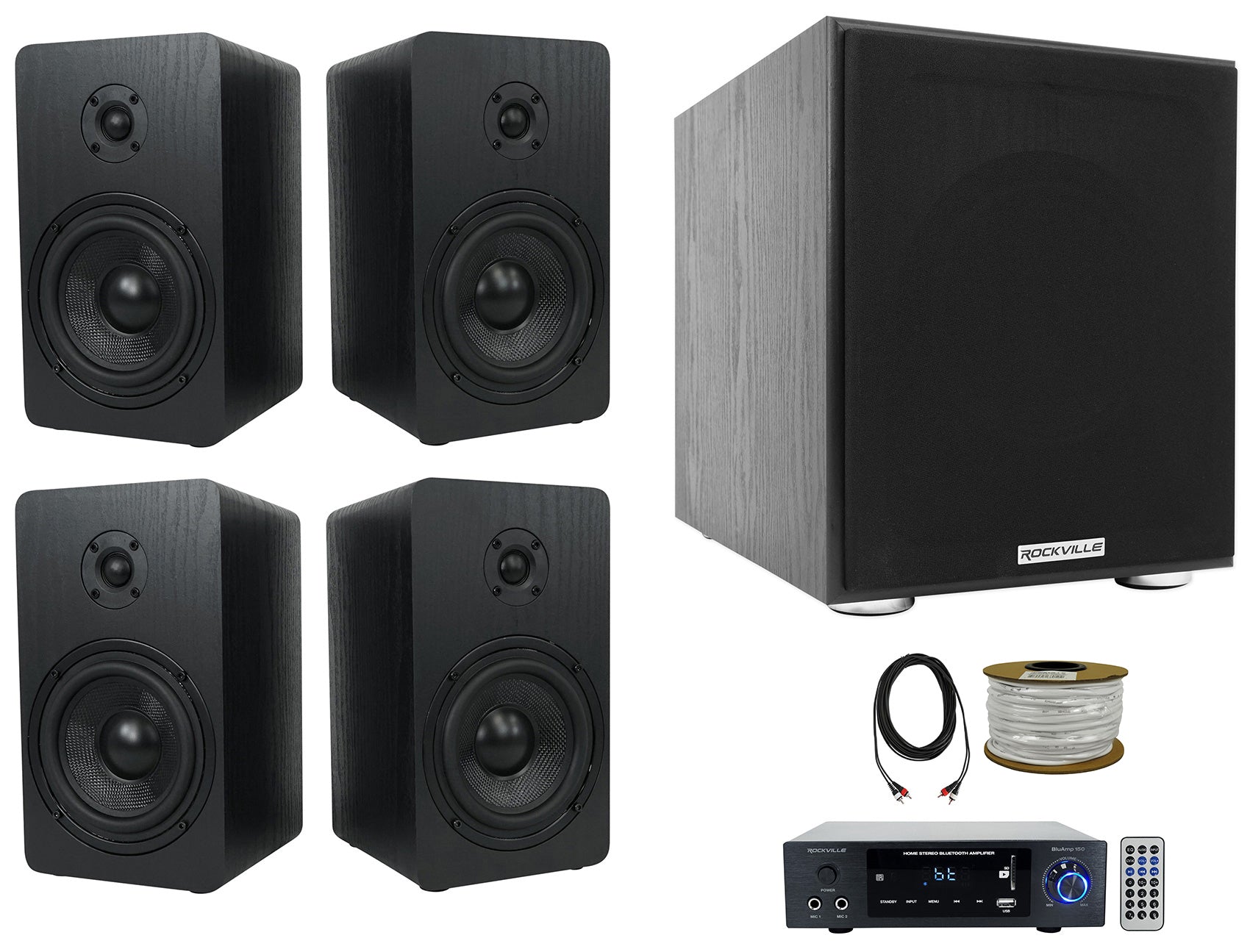 BLUAMP 150 + RockShelf 68B 6.5" Speakers 4-Pack + 8" Sub Bundle