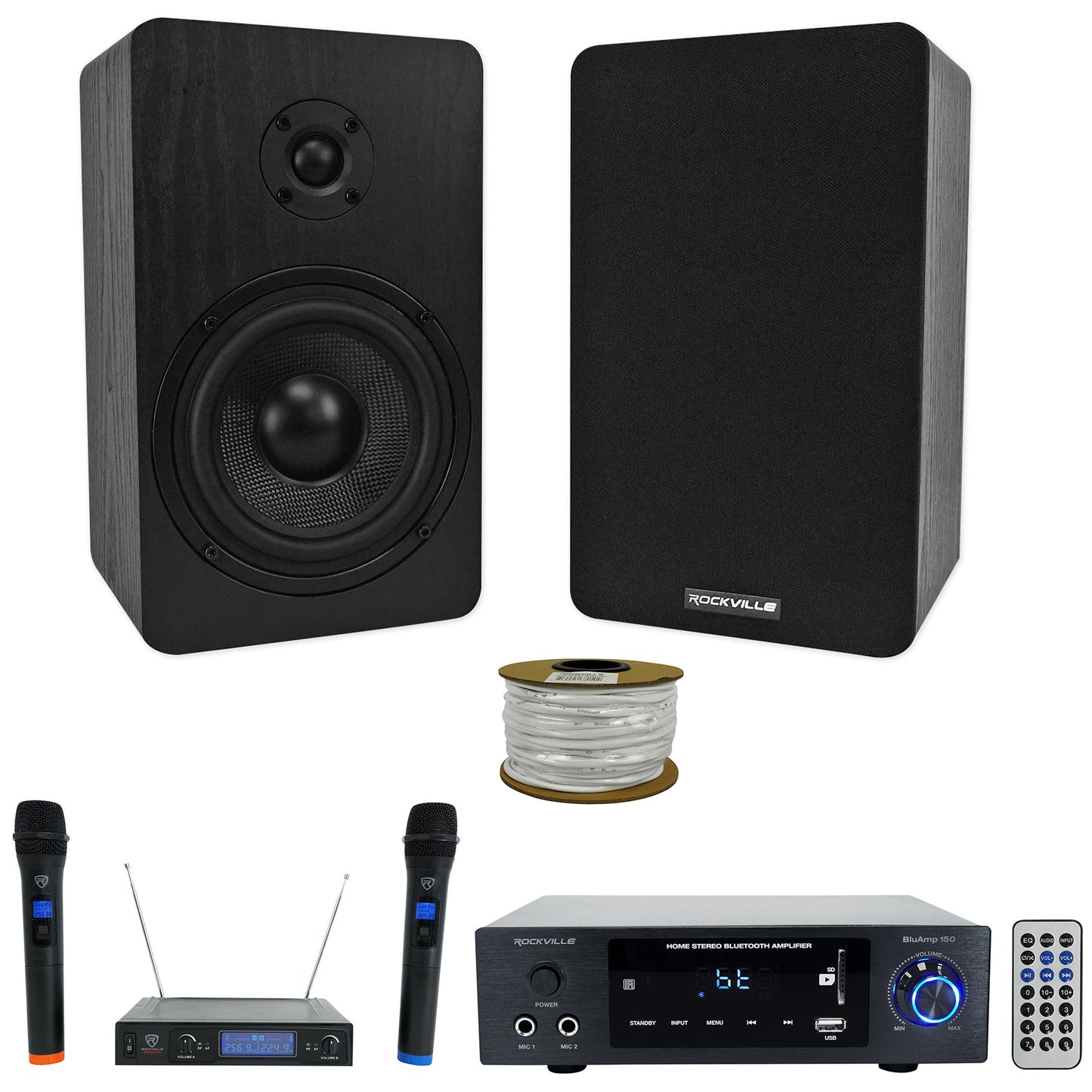 BLUAMP 150 + RockShelf 54B 5.25" Speakers + Wireless Mics Bundle