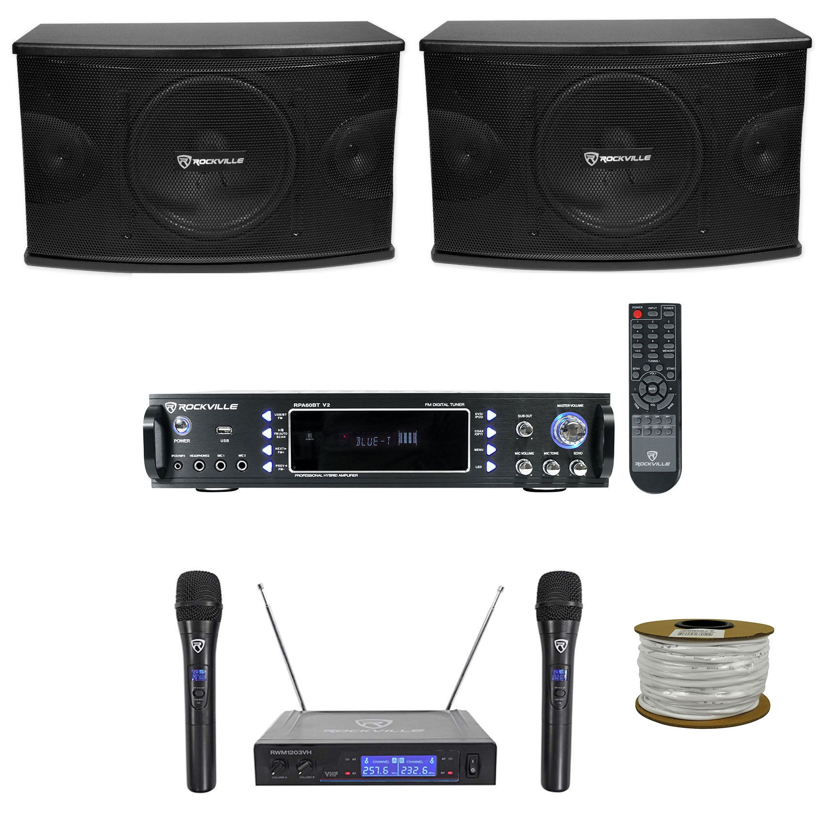 KPS10 10" Karaoke Speakers 2-Pack + RPA60BT V2 Amp + Wireless Mics Bundle