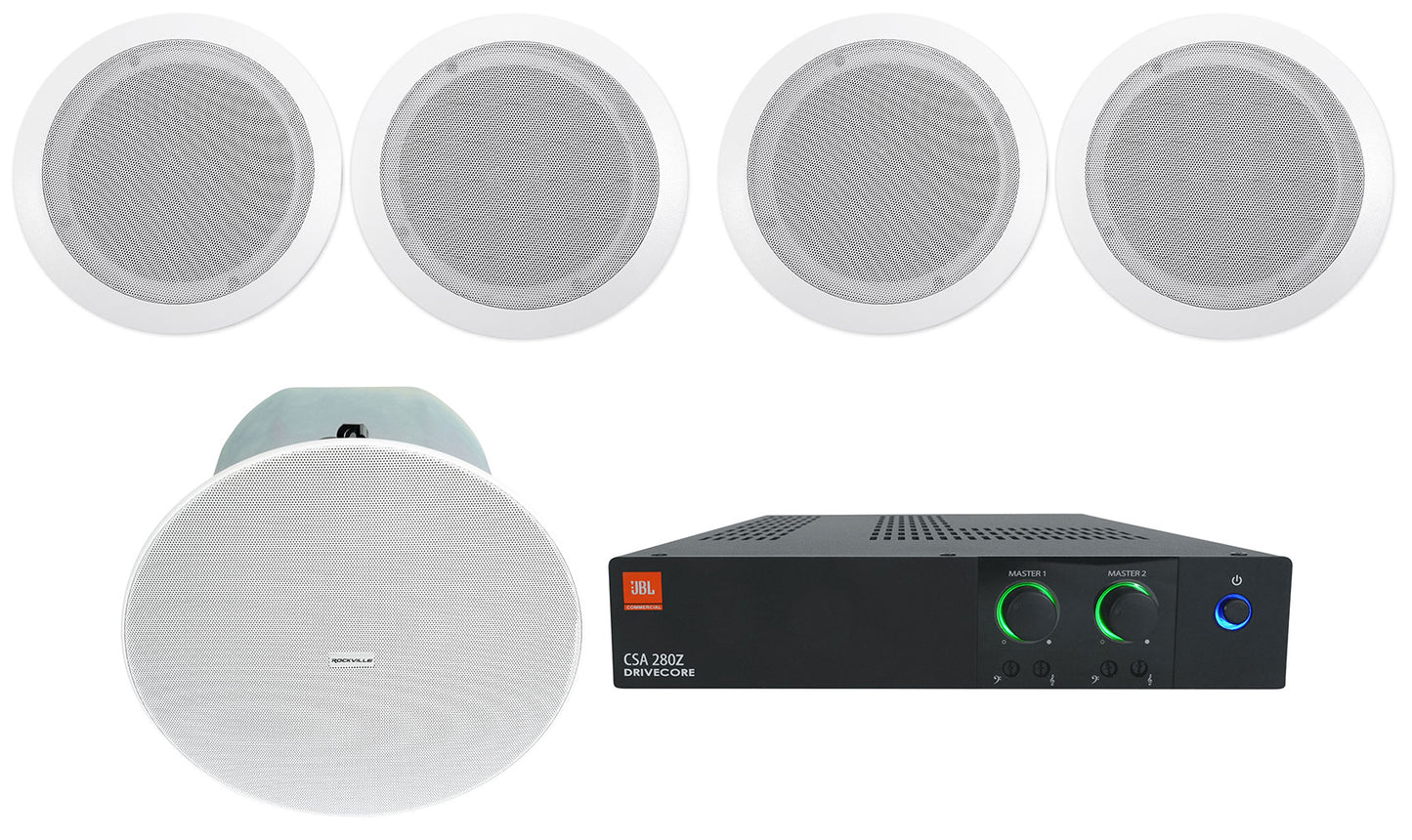 JBL CSA 280Z Commercial 70v Amplifier+(4) 6.5" In-Ceiling Speakers+8" Subwoofer