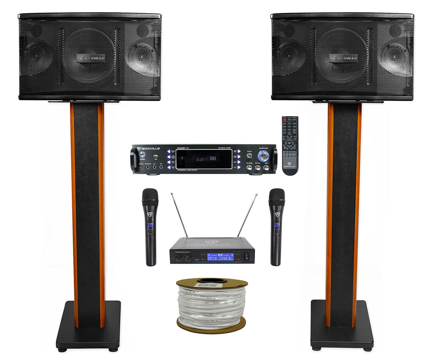 KPS80 8" Karaoke Speakers 2-Pack + Bluetooth Amp + 36" Stands Bundle