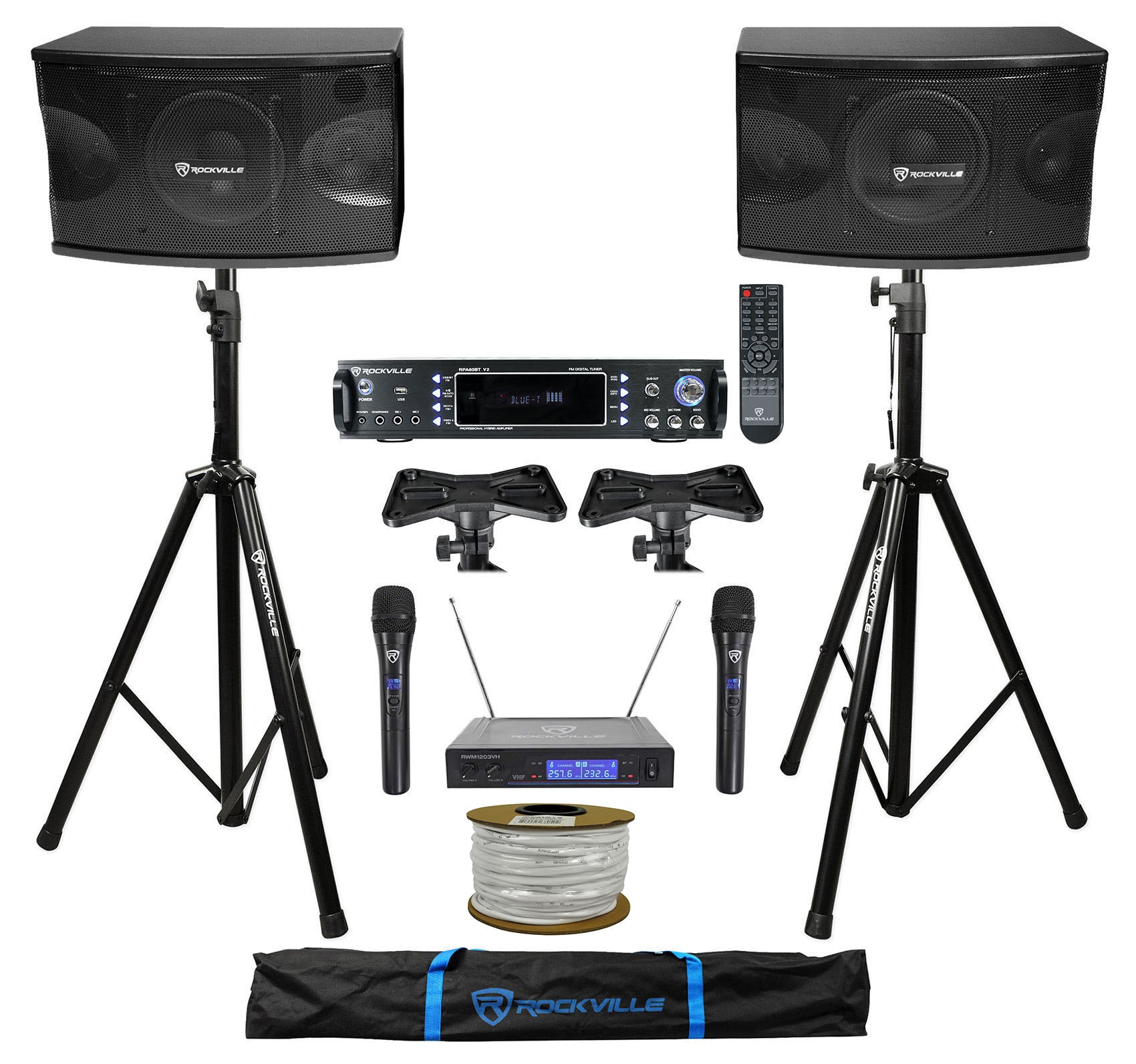 KPS80 8" Karaoke Speakers 2-Pack + Bluetooth Amp + Tripod Stands Bundle