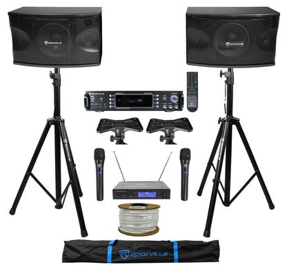 KPS80 8" Karaoke Speakers 2-Pack + Bluetooth Amp + Tripod Stands Bundle